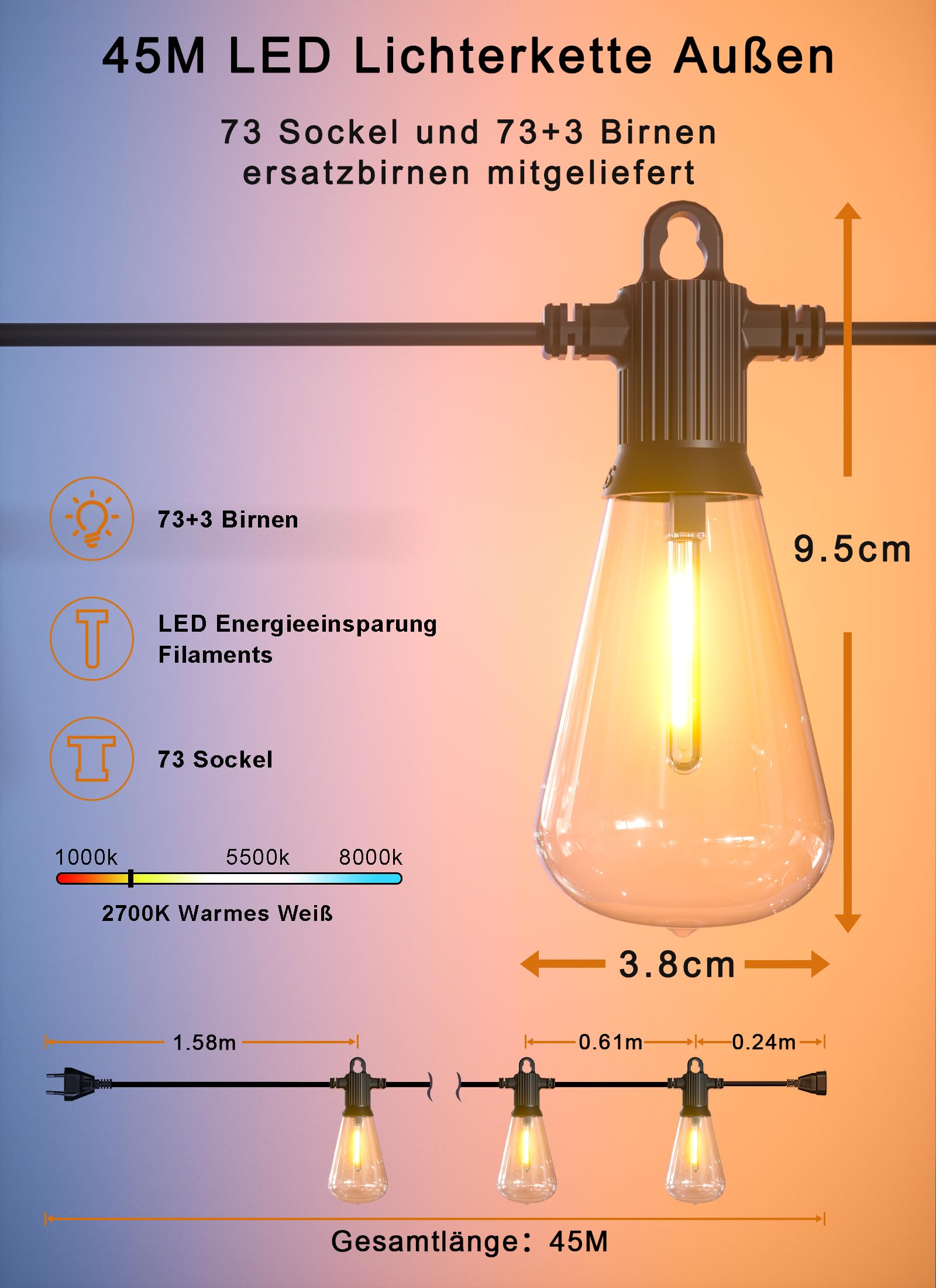 LED Lichterkette Außen Strom 45m, Lichterkette Glühbirnen Aussen mit 73+3 Dimmbaren Warmweißen Birnen, Wetterfeste Lichterkette Outdoor für Terrasse, Garten, Party, Balkon, Hochzeiten