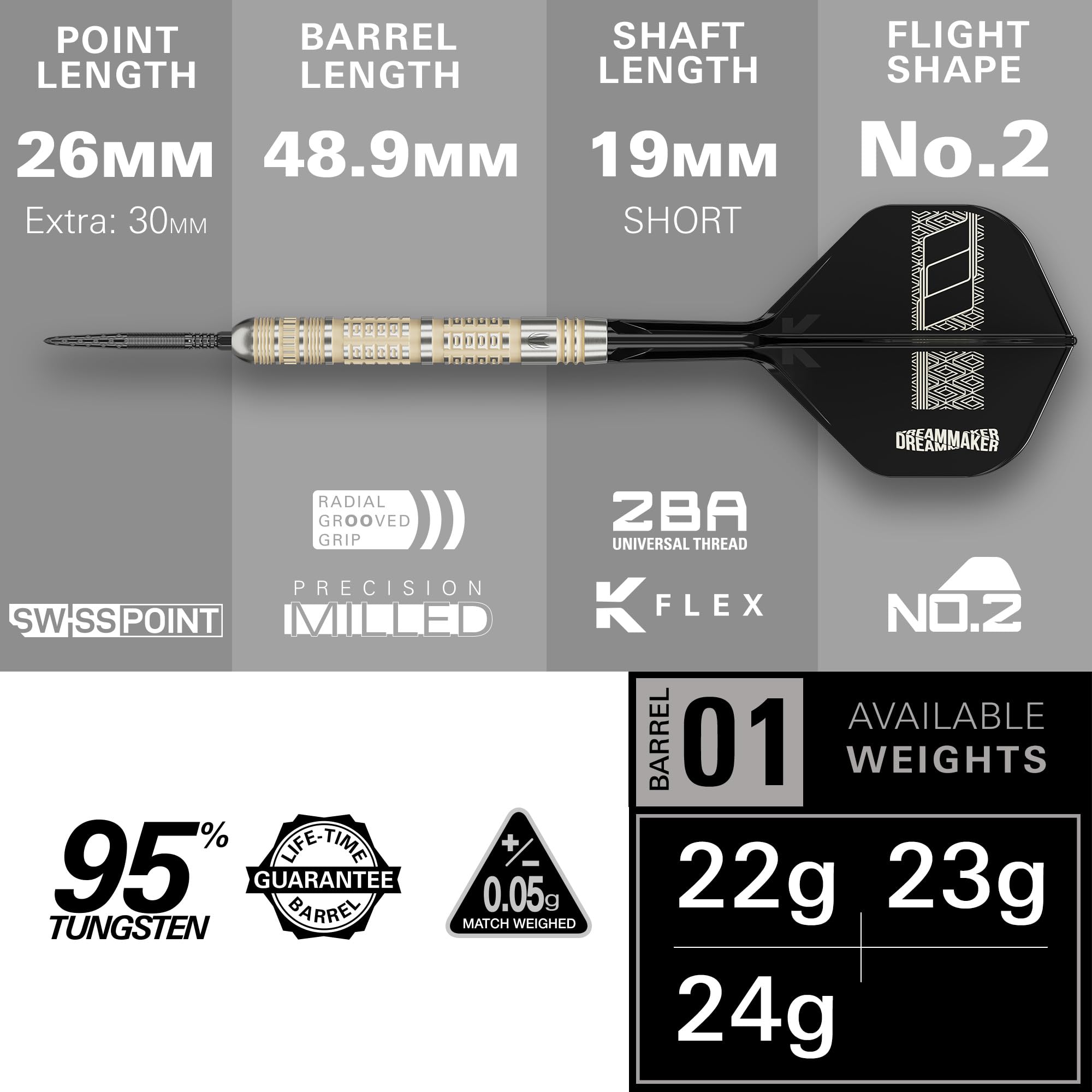 Target Darts Dimitri Van den Bergh Steel Tip 95K Dart Set, 22G/23G/24G | 95% wolframowe rzutki, lotki i trzonki K-Flex nr 2, czarne końcówki Swiss DX i narzędzie SP w zestawie | Player Edition