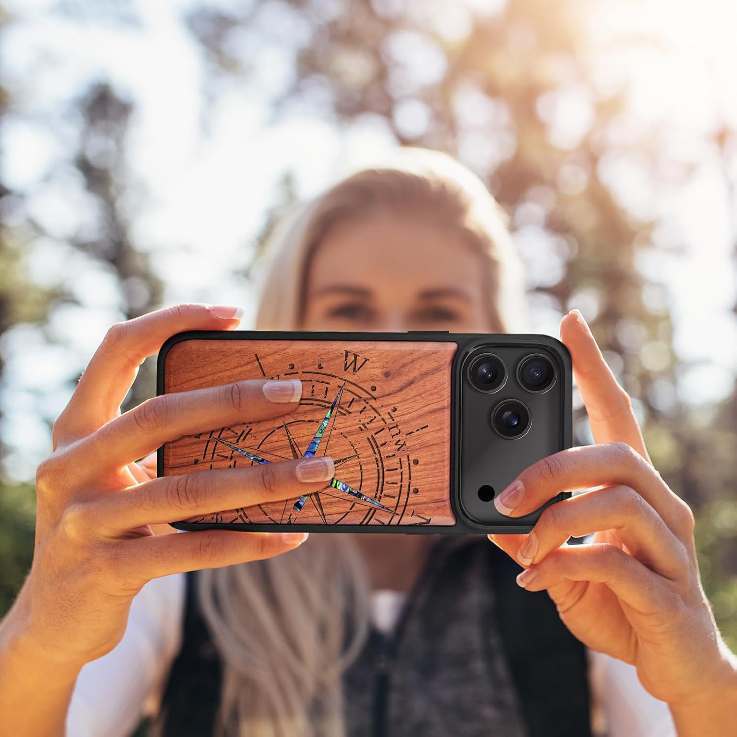 Carveit Magnetic Case for iPhone 17 Pro Case, Wood Artisan Engraved & Handmade Shell Inlaid, TPU Shockproof Cover, Compatible with MagSafe Wireless Chargers (The Incomplete Compass-Rosy) - Image 6