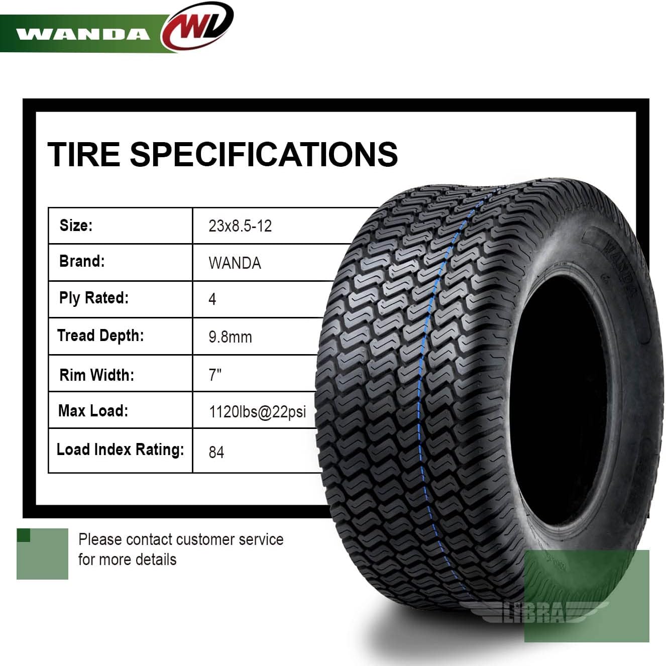 WANDA 23X8.5-12 Lawn Mower Tractor Cart Turf Tires 4 Ply 23x8.5x12 -Set 2-13046