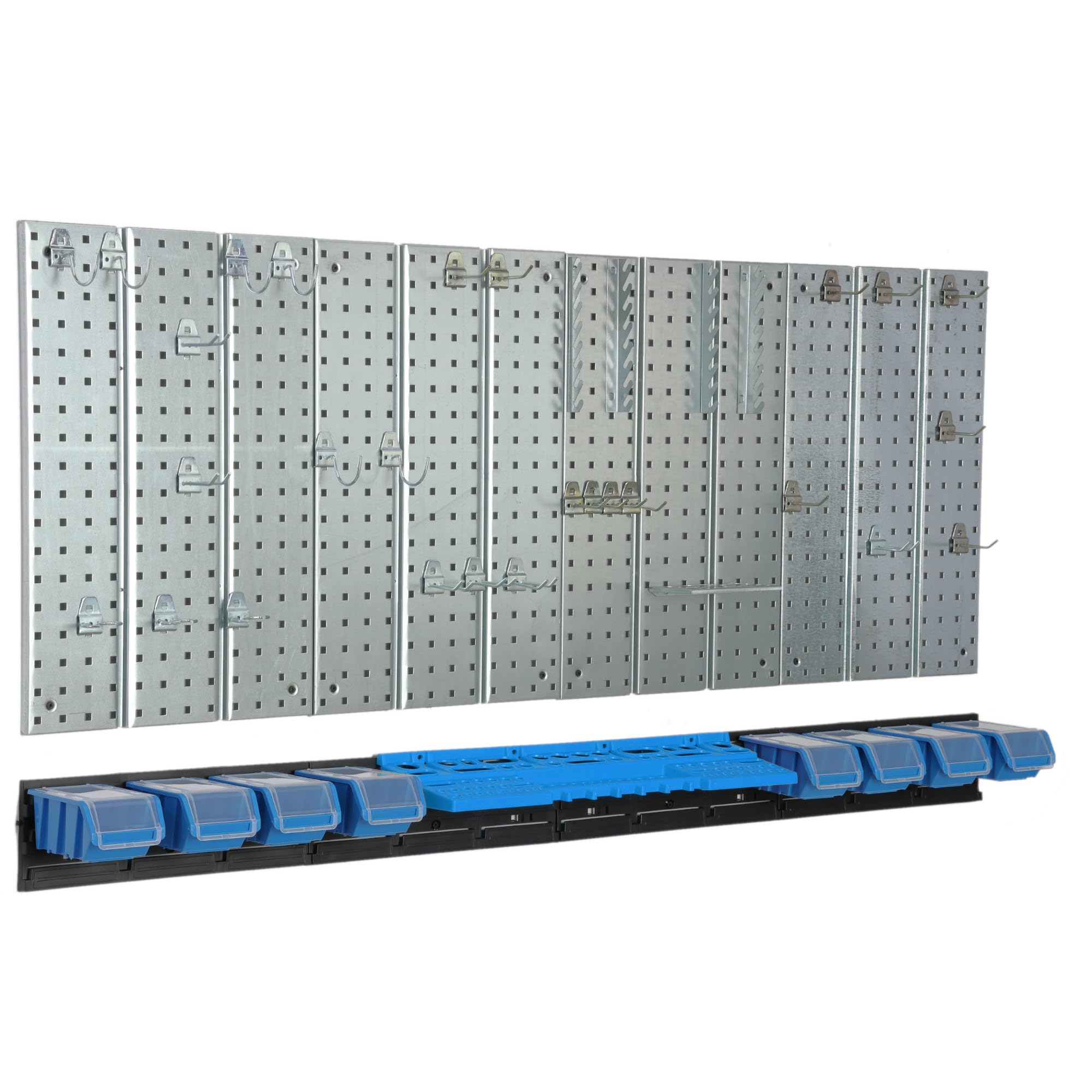 botle Panel de herramientas de metal 156 x 72 cm, sistema de almacenamiento con portaherramientas, ganchos para herramientas y 8 cajas apilables de 100 x 150 x 70 mm, color: azul, tabla perforada para