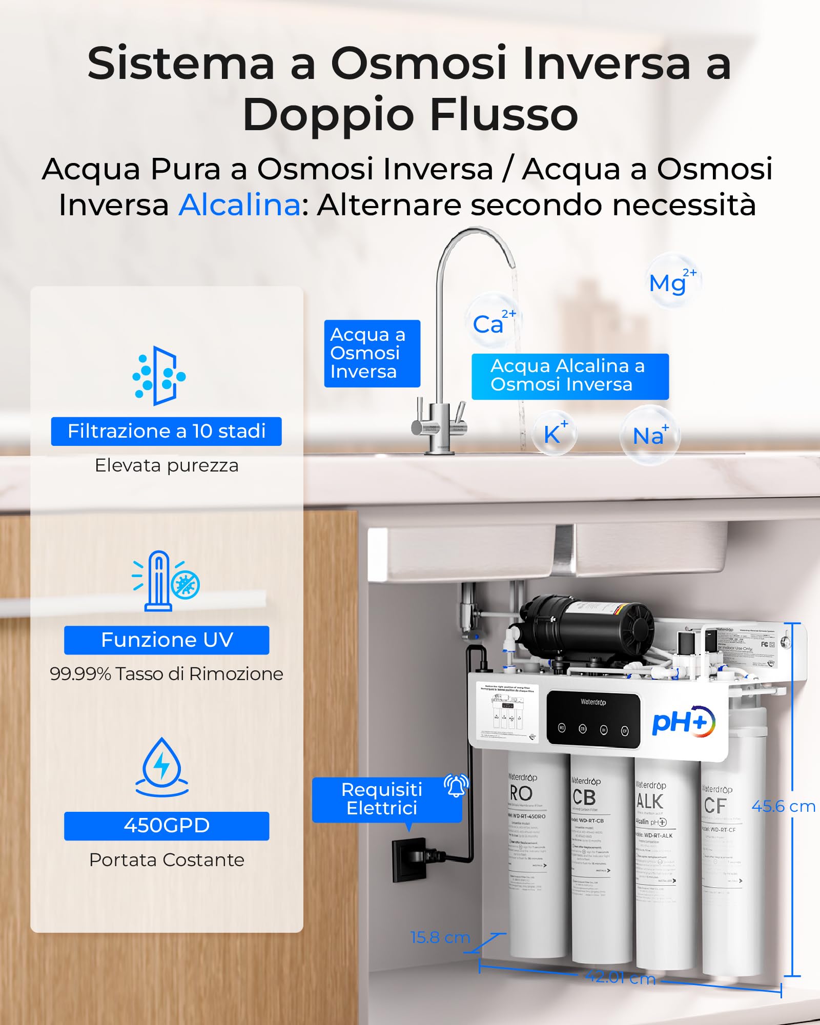 Waterdrop T4-A Sistema a Osmosi Inversa Alcalina pH+, Doppio Flusso, Certificato NSF/ANSI 372, Filtrazione a 10 Stadi, Sistema di Filtrazione Acqua RO Senza Serbatoio da 450 GPD