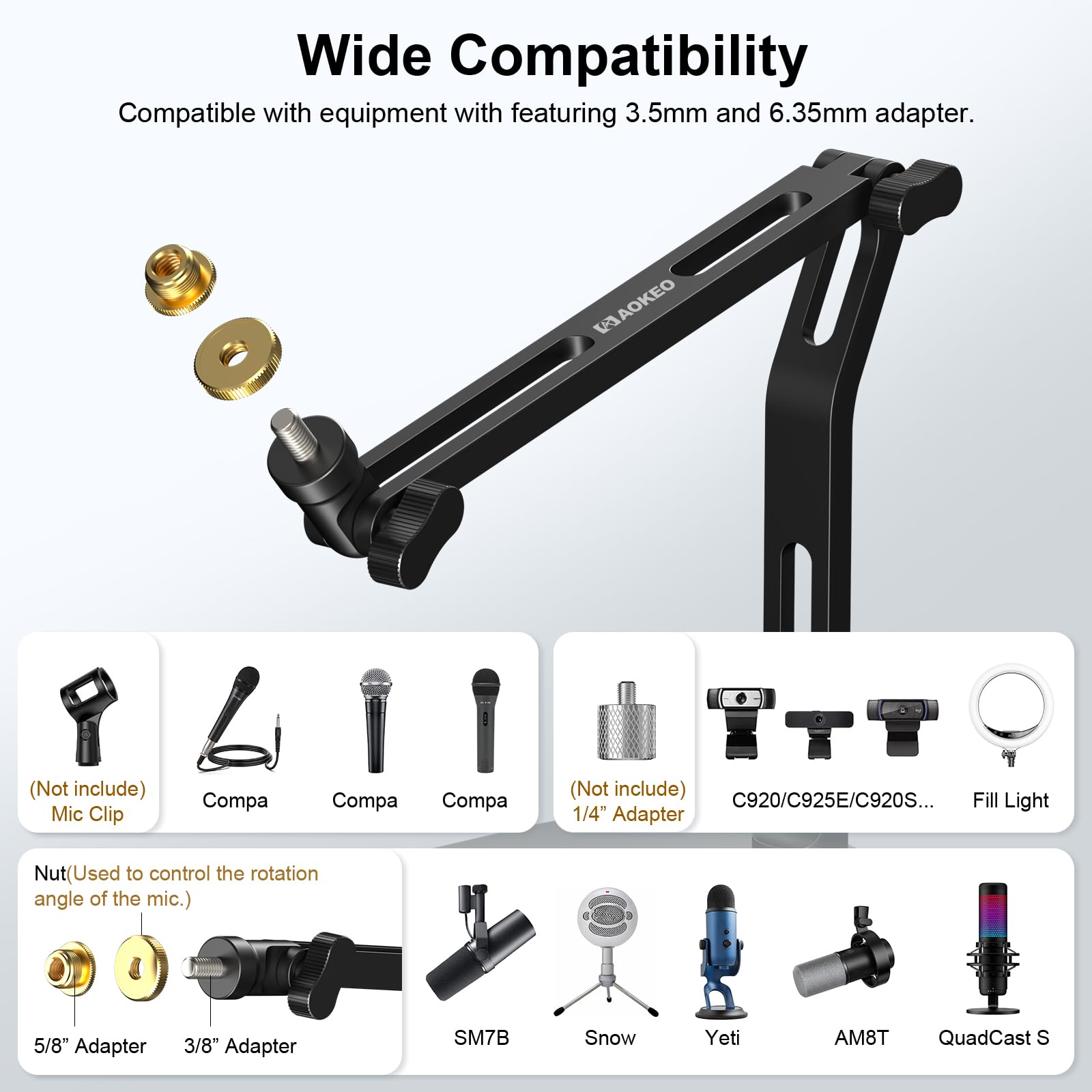 Aokeo Soporte para micrófono, brazo de micrófono de escritorio con adaptador de 3/8 a 5/8 pulgadas, compatible con Blue Yeti, HyperX QuadCast, SoloCast, Shure SM7B, MV7X