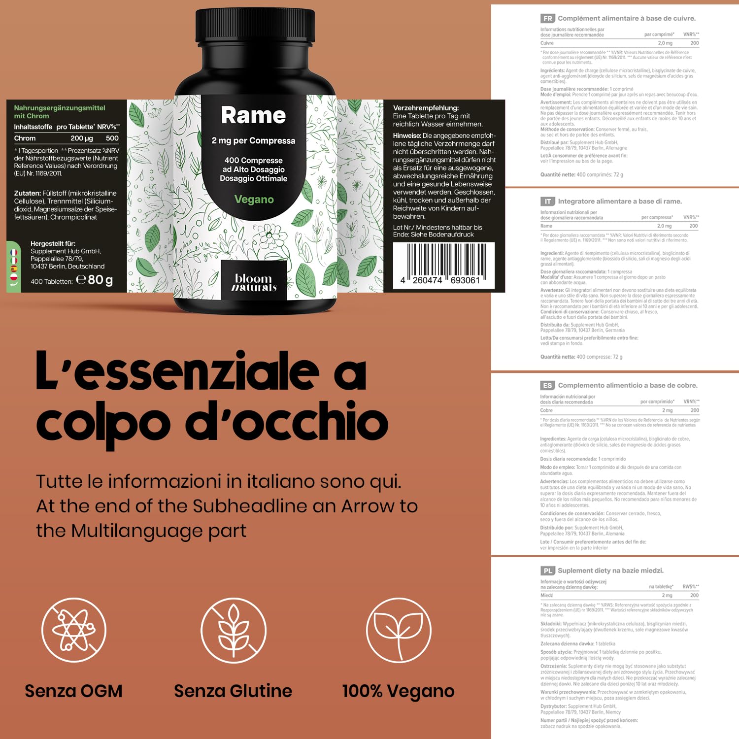 Rame Integratore - 400 Compresse Alto Dosaggio 2 mg - Rame Bisglicinato per Pelle e Capelli - Vegano & Prodotto in Germania - Testato in Laboratorio