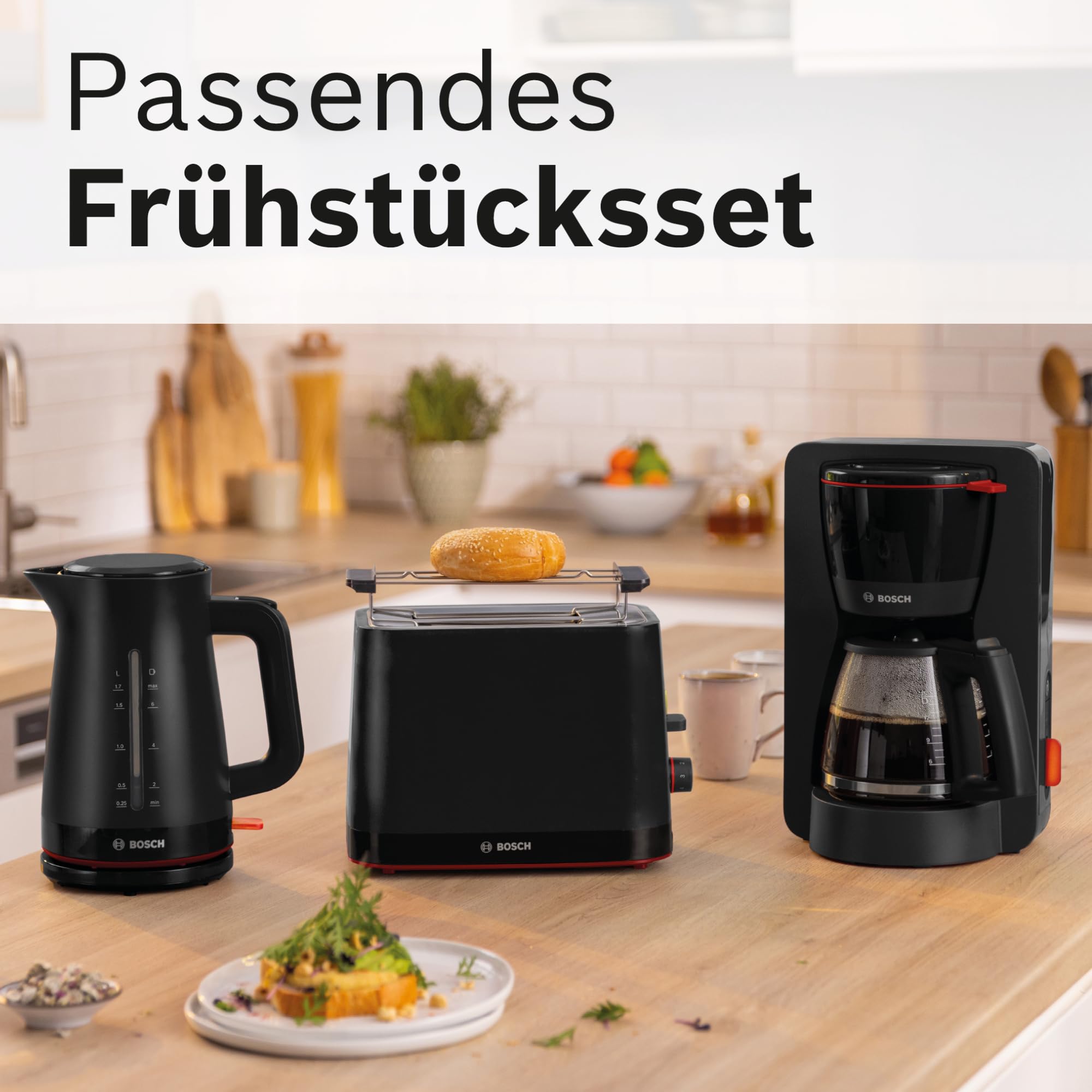 Bosch Kompakt Toaster MyMoment TAT3M123, entnehmbarer klappbarer Brötchenaufsatz, mit Auftaufunktion, Abschaltautomatik, Liftfunktion, Brotzentrierung, ideal für 2 Scheiben, 800 Watt, Schwarz matt