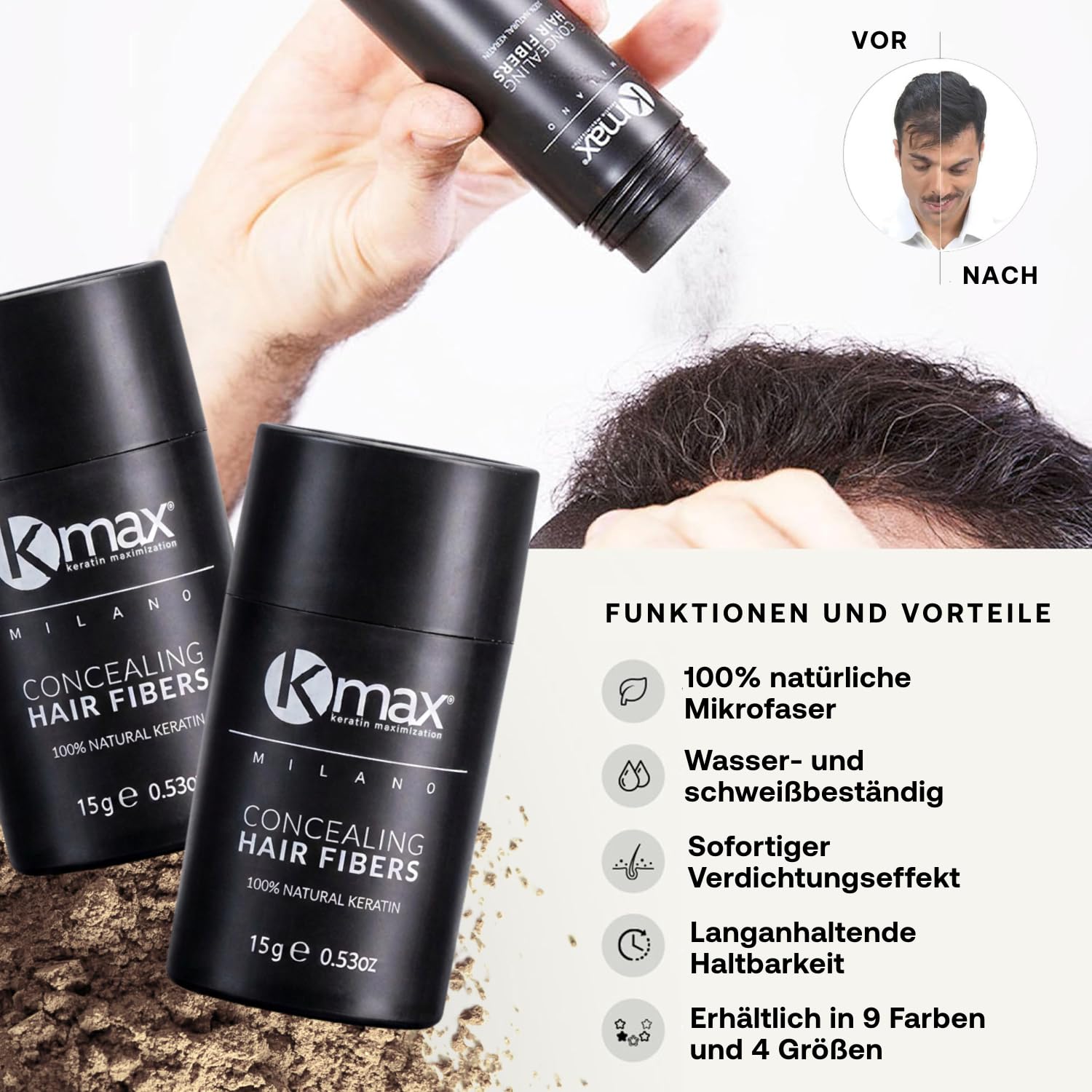 Kmax Haarpuder aus Keratin haare 15 g, Professionelles volumen puder haare natürliche, ansatzpuder zur Abdeckung von Kahlstellen – Schwarz