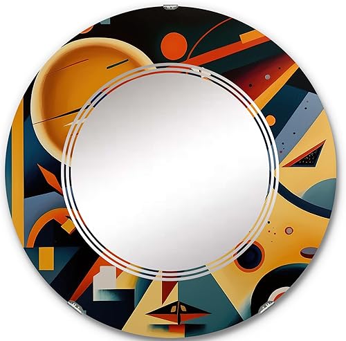 Multicolor Geometric Orange Shapes III- Vanity Mirror, Bathroom Mirrors, Wall Mirrors for Living Room, Bedroom - Round Mirror - Large 24'x24',