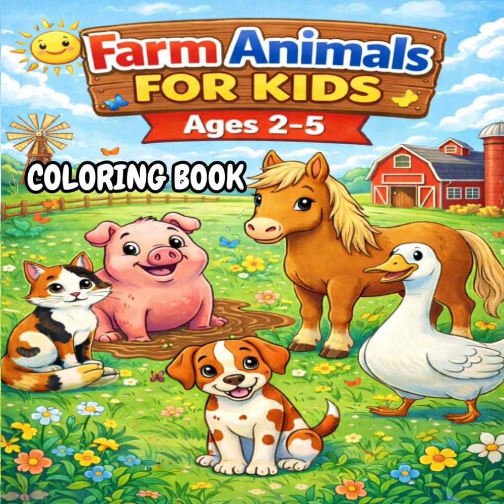 Farm Animals Coloring Book For Kids: Fun and Easy Farm Animal Coloring Pages for Kids Ages 2–5