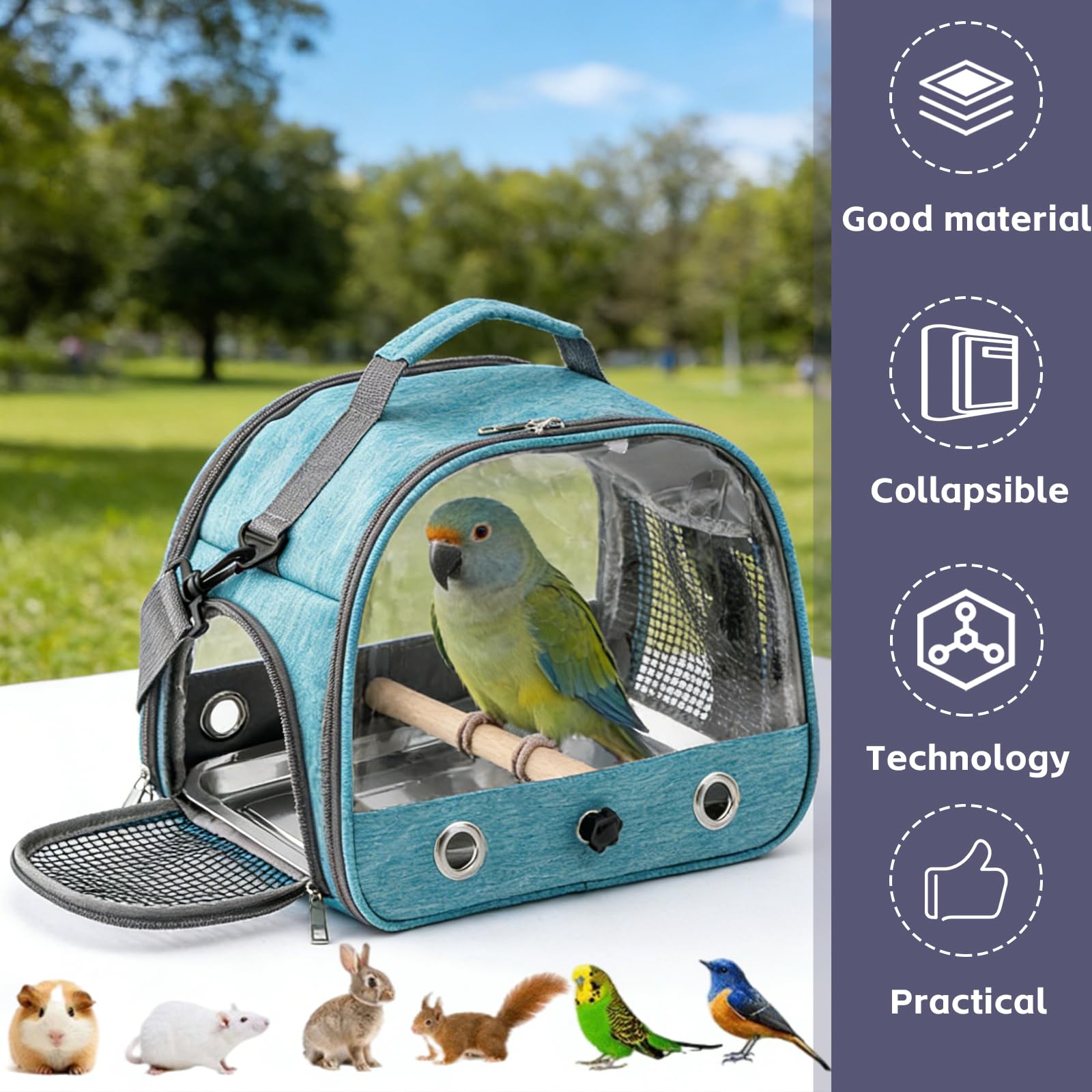 Sac de transport pour oiseaux, avec plateau en acier inoxydable et perche, cage à oiseaux, portable, sac de voyage pour perruches, perruches, petits animaux, bleu