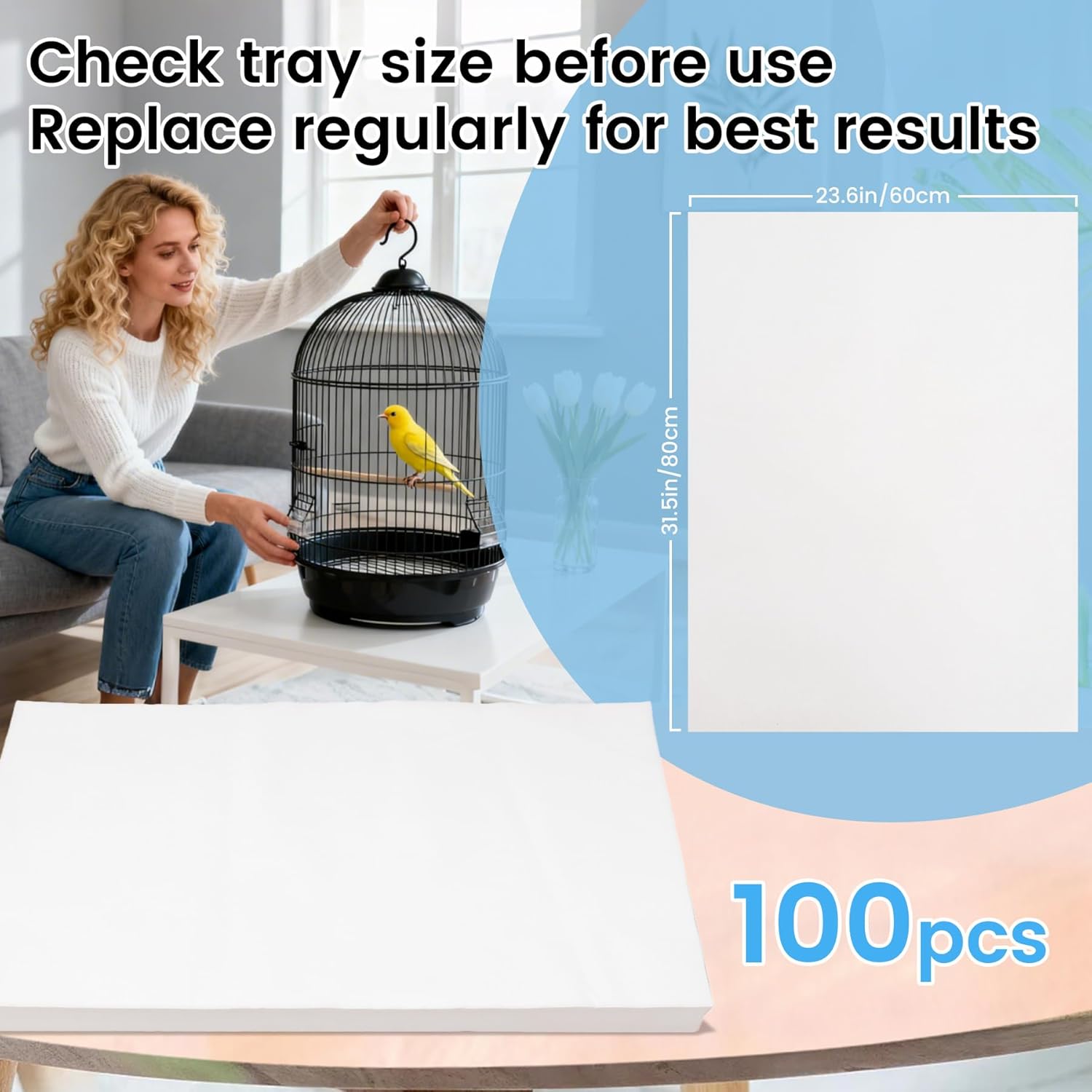 31.5x23.6in Bird Cage Liners - 100 Sheets Pre-Cut Disposable Cage Tray Liners, High Absorbent Non-Woven Pads for Parrots, Cockatiels and Small Animals