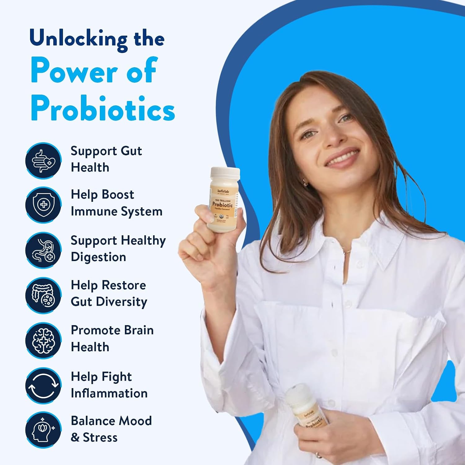 KefirLab Probiotics 100T CFU - 36 Strains - Vegan & Organic - Support Digestion, Immune System, Brain Health, Mood & Stress. Vanilla (16-Pack)