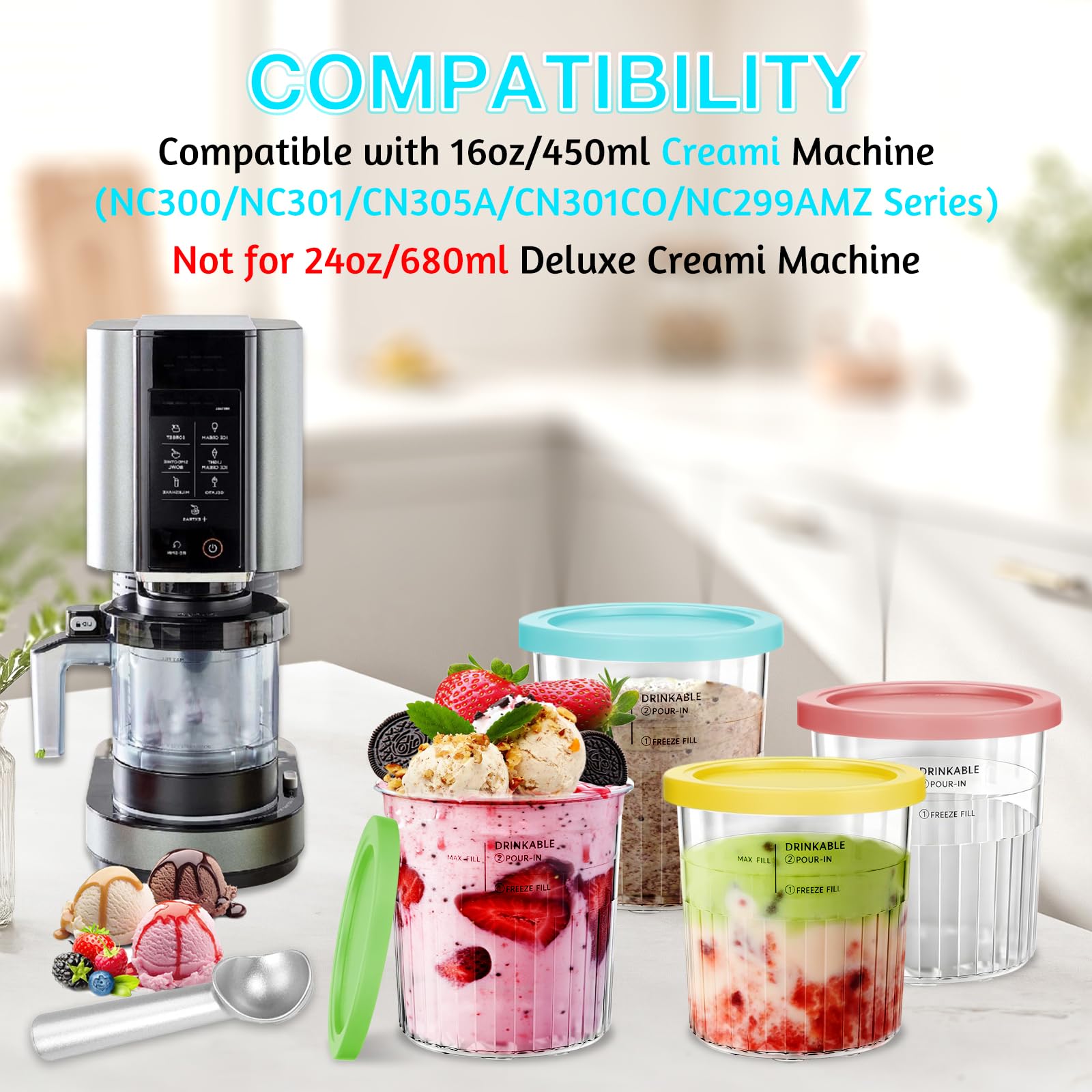 4 Pezzi Contenitori per Gelato, 24oz/800 ML Contenitori Creamy Deluxe per NC500 NC501 Serie, Senza BPA, Lavabili in Lavastoviglie con 4 Cucchiai