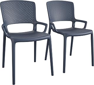 Cosco Stacking Resin Dining Chairs Indoor Outdoor Navy 2-Pack Square Back Arms Weatherproof Stackable
