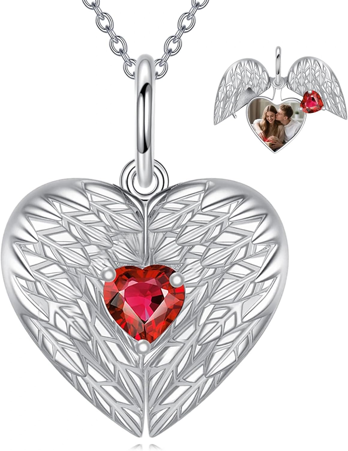 Photo Locket Necklace for Women 925 Sterling Silver Personalized Ruby Angel Wing Photo Necklace Gift for Grandma Mom Her