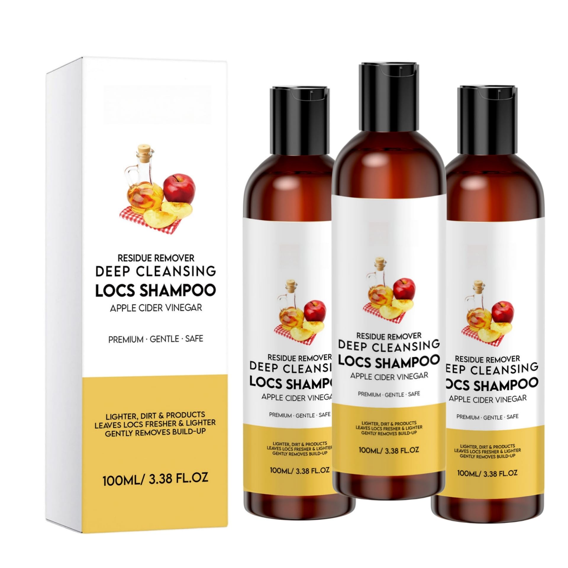Champú para rastas con vinagre de manzana: Ligero y refrescante, limpia suave y profundamente la grasa y la suciedad de las trenzas, dejando el cuero cabelludo con una sensación de frescura.