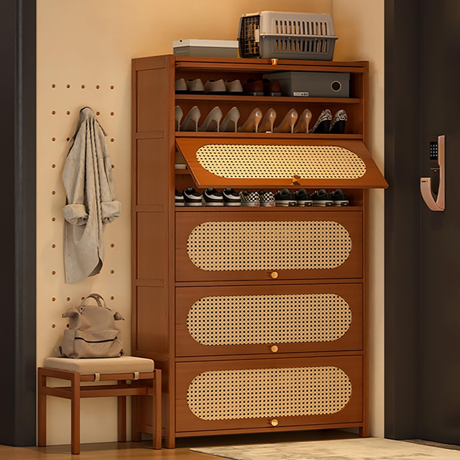 シューズラック 玄関収納 ドア付き 天然竹製 メッシュドア 全面パネル