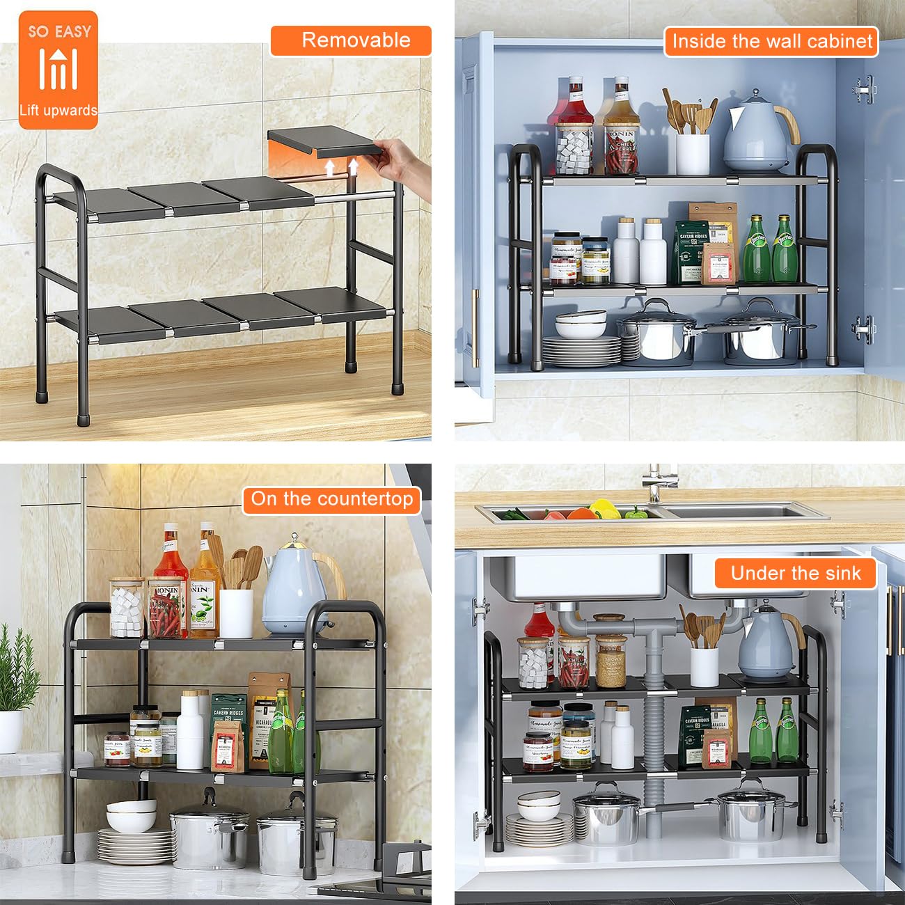 Organizador Cocina, Estante Organizador Bajo Fregadero,Estanterias Almacenaje Debajo Fregadero Cocina, Ajustable Y Retráctil, para Guardar Productos Limpieza,Negro,6 Boards