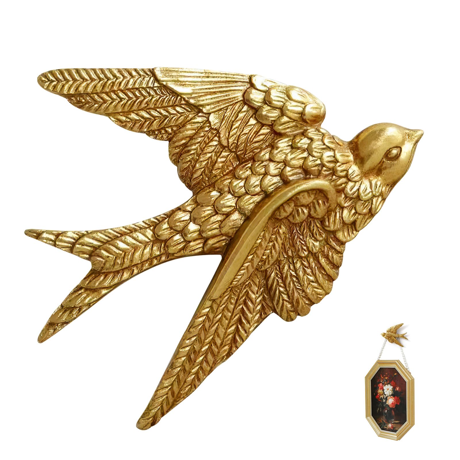YUTICAT Vintage Swallow Wall Art, Gold European Resin Antique Wall Sculpture, 3D Flying Bird Ornament for Home Bedroom Decor (large)