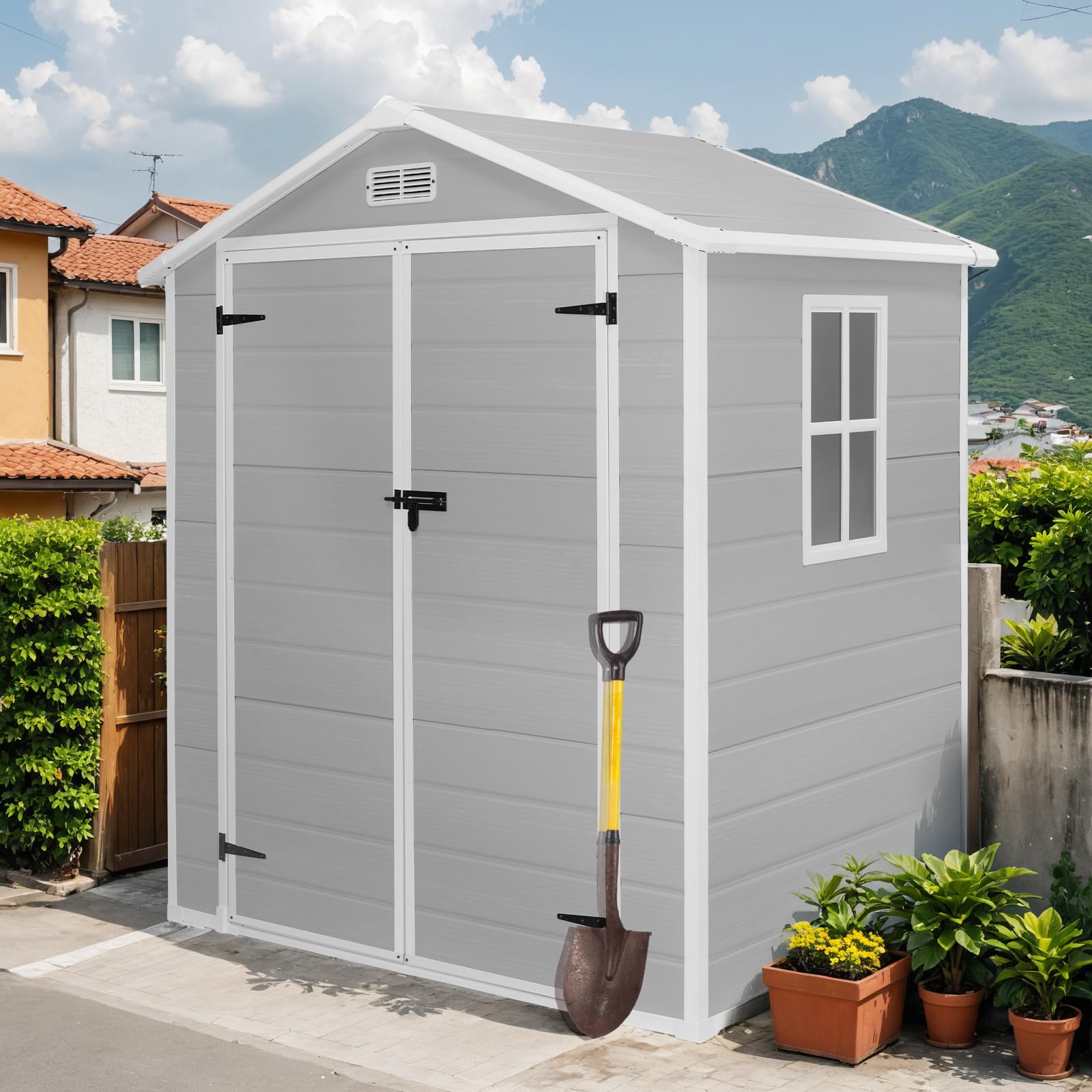 6 * 4.4 FT Outdoor Resin Storage Shed with Reinforced Floor, for Storing Gardening Tools, Bicycles,Patio Furniture or Lawn Mower, Secure Door Lock, All Weather-Resistant (Gray, 6 * 4.4 FT)