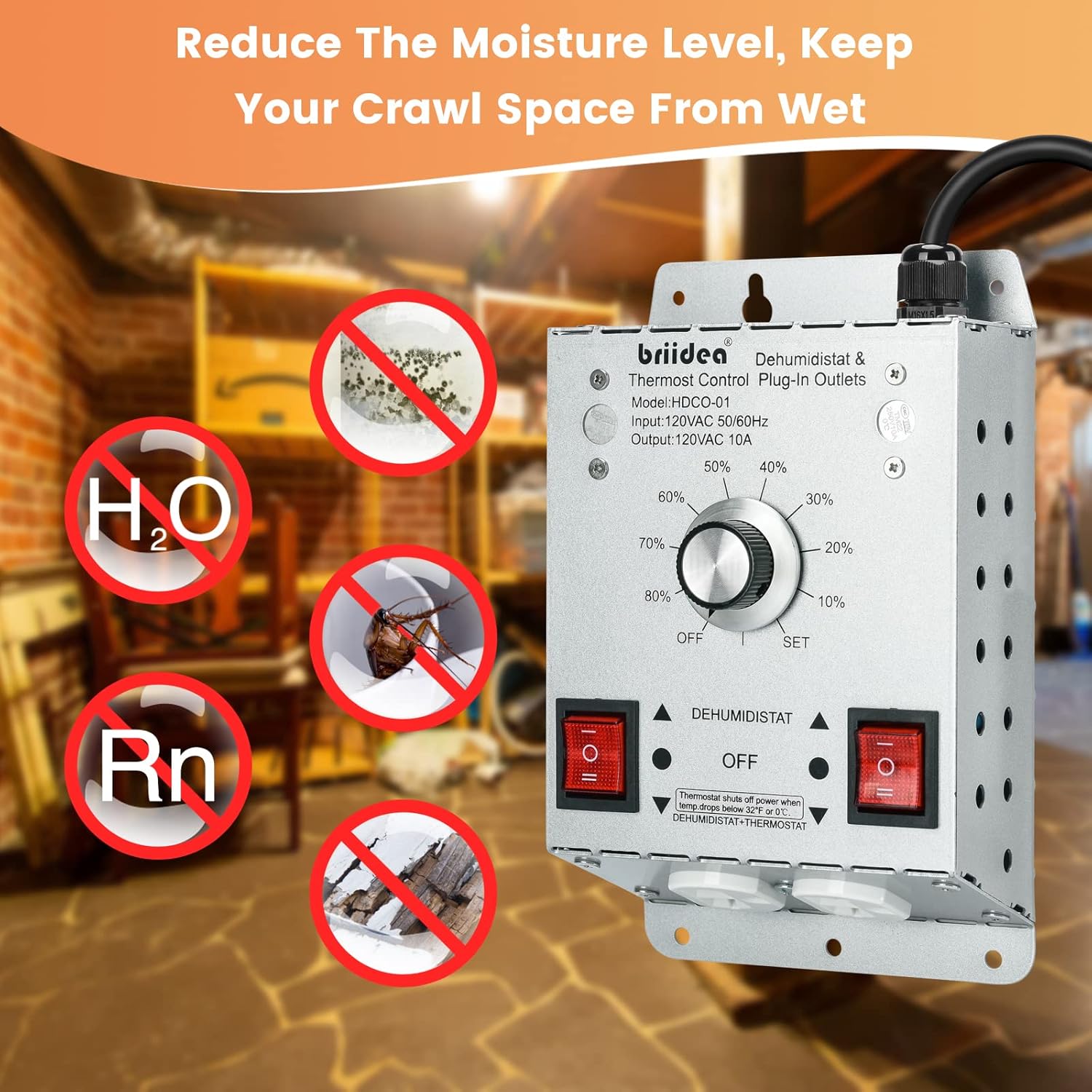 Diagram showing the benefits of the humidistat controller, including preventing mold, pests, and wood rot.