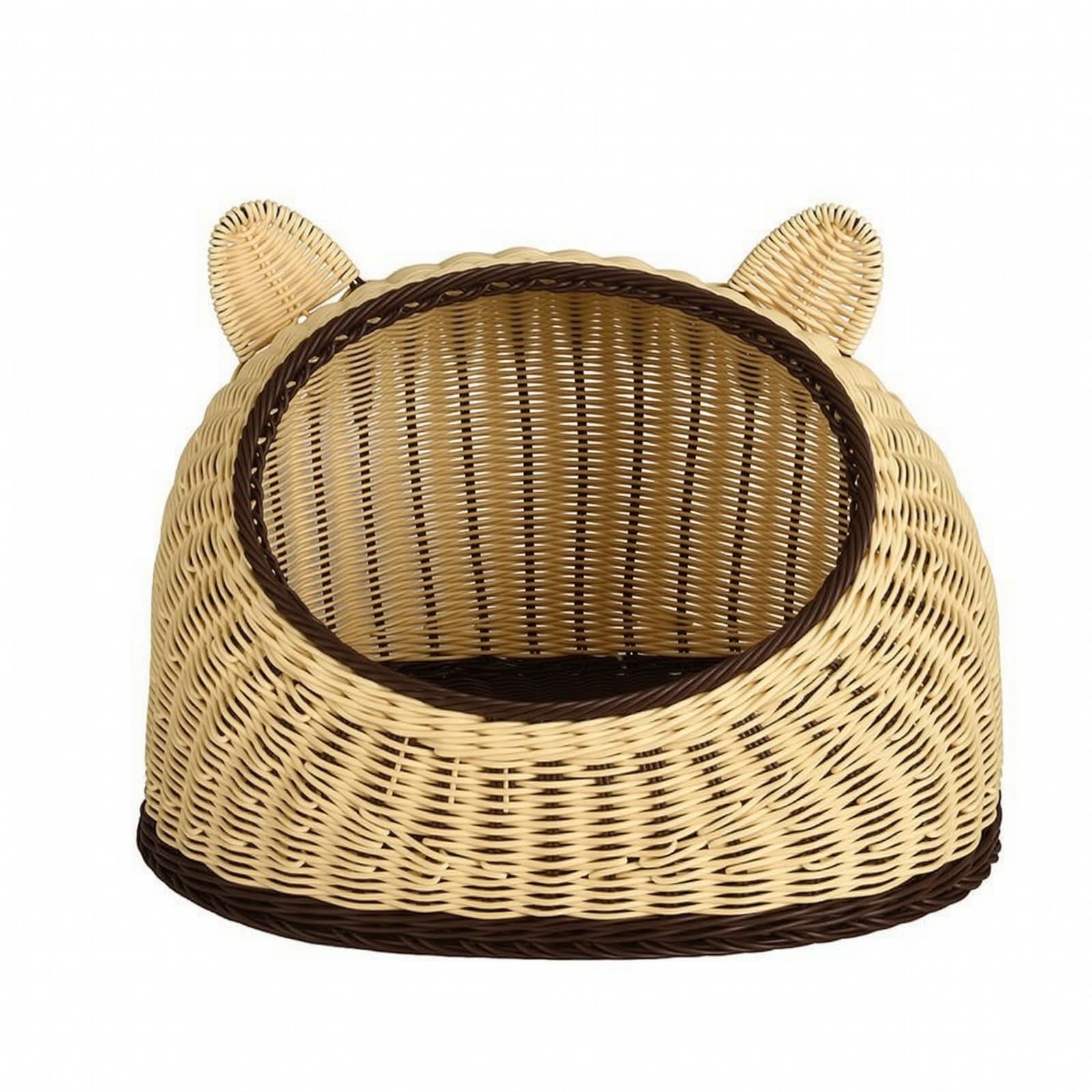 Tejido para con Entrada Frontal y Laterales Elevadas Cesta Mimbre PP con Diseño Cuna Abierta para Ventilación Refugio Mascota con talles Orejas Acuado, Marrón, L