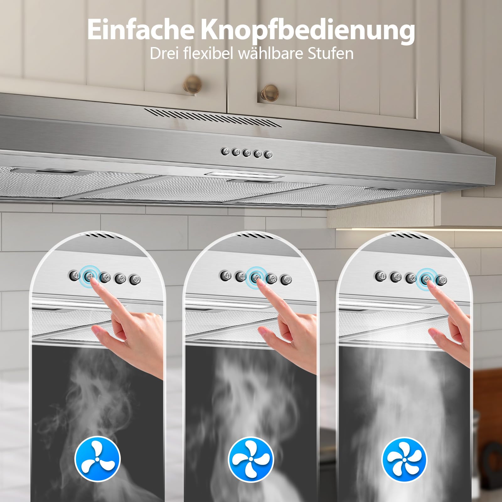 TopStrong Dunstabzugshaube 90cm Unterbau, Umluft & Abluft Dunstabzug mit LED-Beleuchtung, 201 m³/h Unterbauhauben Abzugshaube mit Aktivkohlefilter CF-D, A Energieklasse, 3 Stufen, Edelstahl Silber