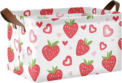 KLL Strawberry Country Style Valentine Rectangle Storage Baskets Storage Bins with Handles Fabric Closet Organizers for Organizing Clothing, Jeans,
