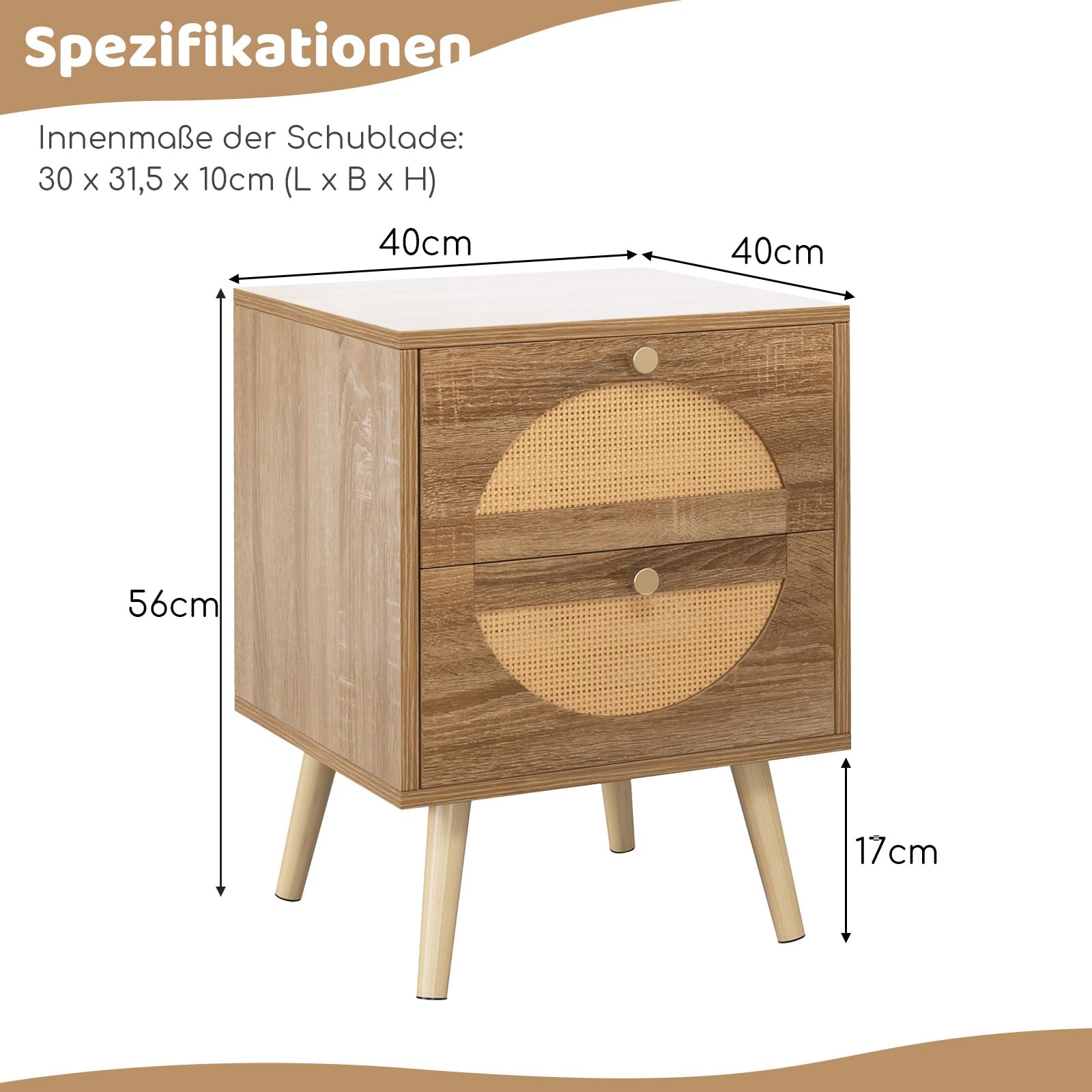 COSTWAY Nachttisch Rattan, Nachtschrank mit 2 Schubladen und Massivholzbeinen, Beistelltisch, Nachtkommode im Boho-Stil, Sofatisch für Schlafzimmer, Wohnzimmer, Eiche, 40 x 40 x 59 cm