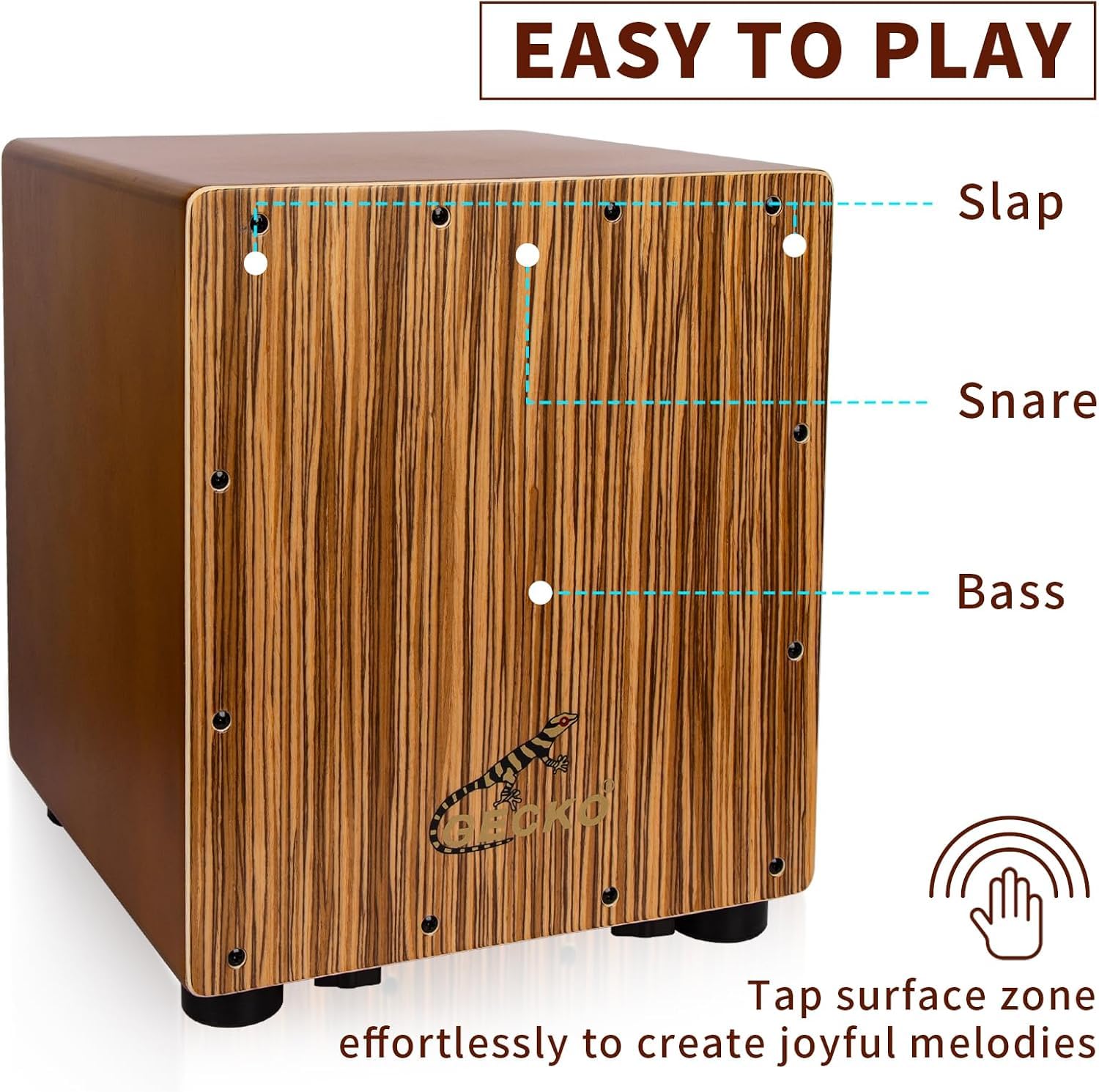 GECKO Cajon Drum Box mit werkzeuglos einstellbaren Gitarrensaiten, Snare- und Basstönen | 32cm kompaktes Schlaginstrument für Anfänger und Profis (CM65Z)