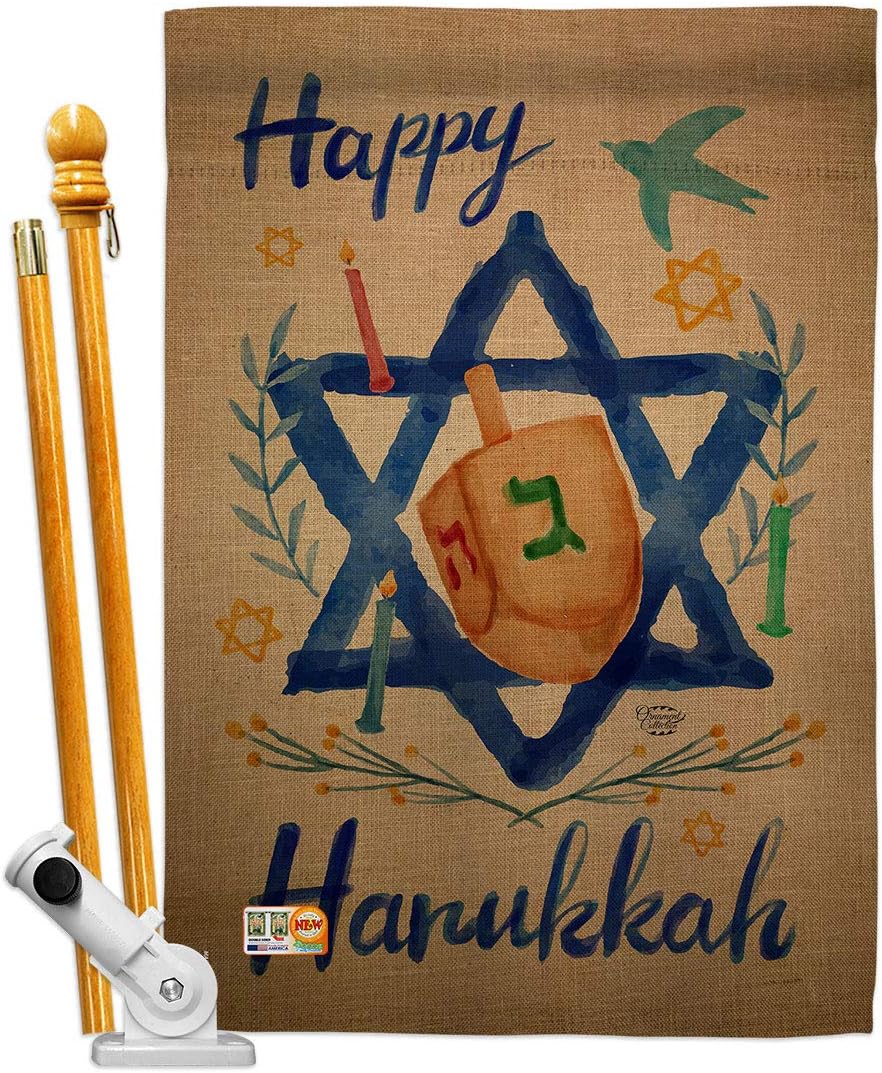 Happy Hanukkah House Flag Dowel Set Wintertime Candle Bonsai Menorah Jewish Chanukah David Small Decorative Gift Yard Banner Made In USA 28 X 40