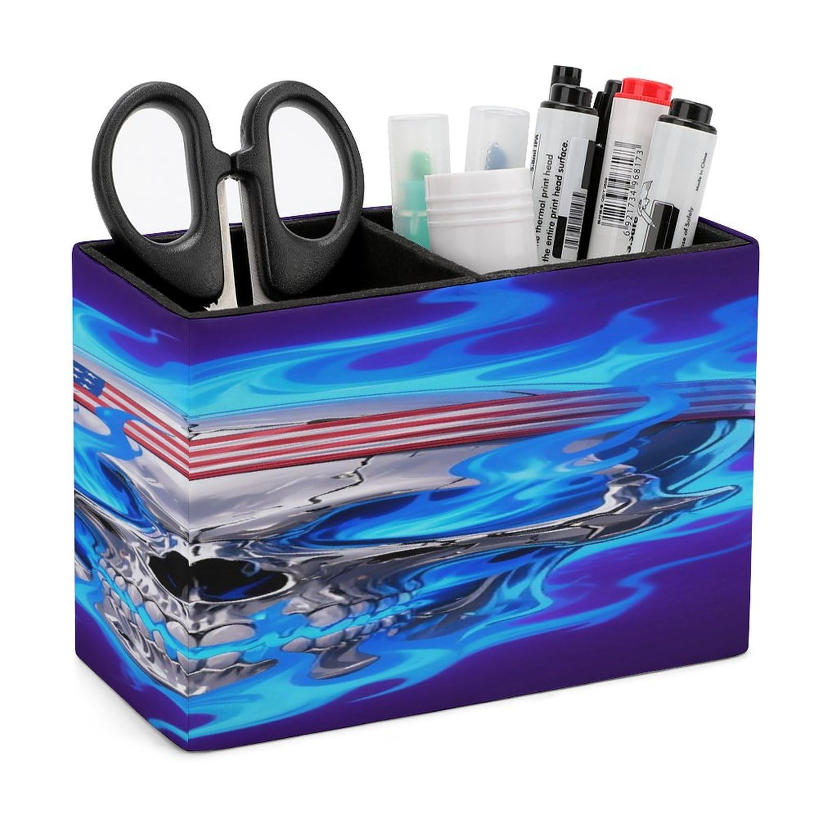 LDGSUPH Fire USA Flag Skull Leather Pen Holder for Desk Organizer Caddy Large Pencil Cup Multi-function Pencil Holder Makeup Brush Holders Pen Organizer for Home Office Storage Box