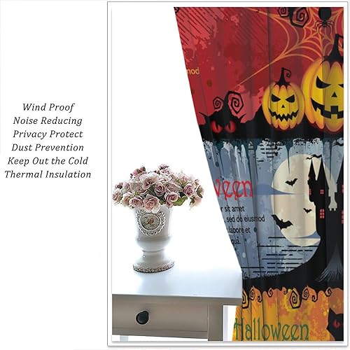 Miniatura 5 de Cortinas de Halloween de terror, caricatura, gato, calabaza, murciélago, castillo, patrón de Halloween, cortinas impresas para decoración del hogar,