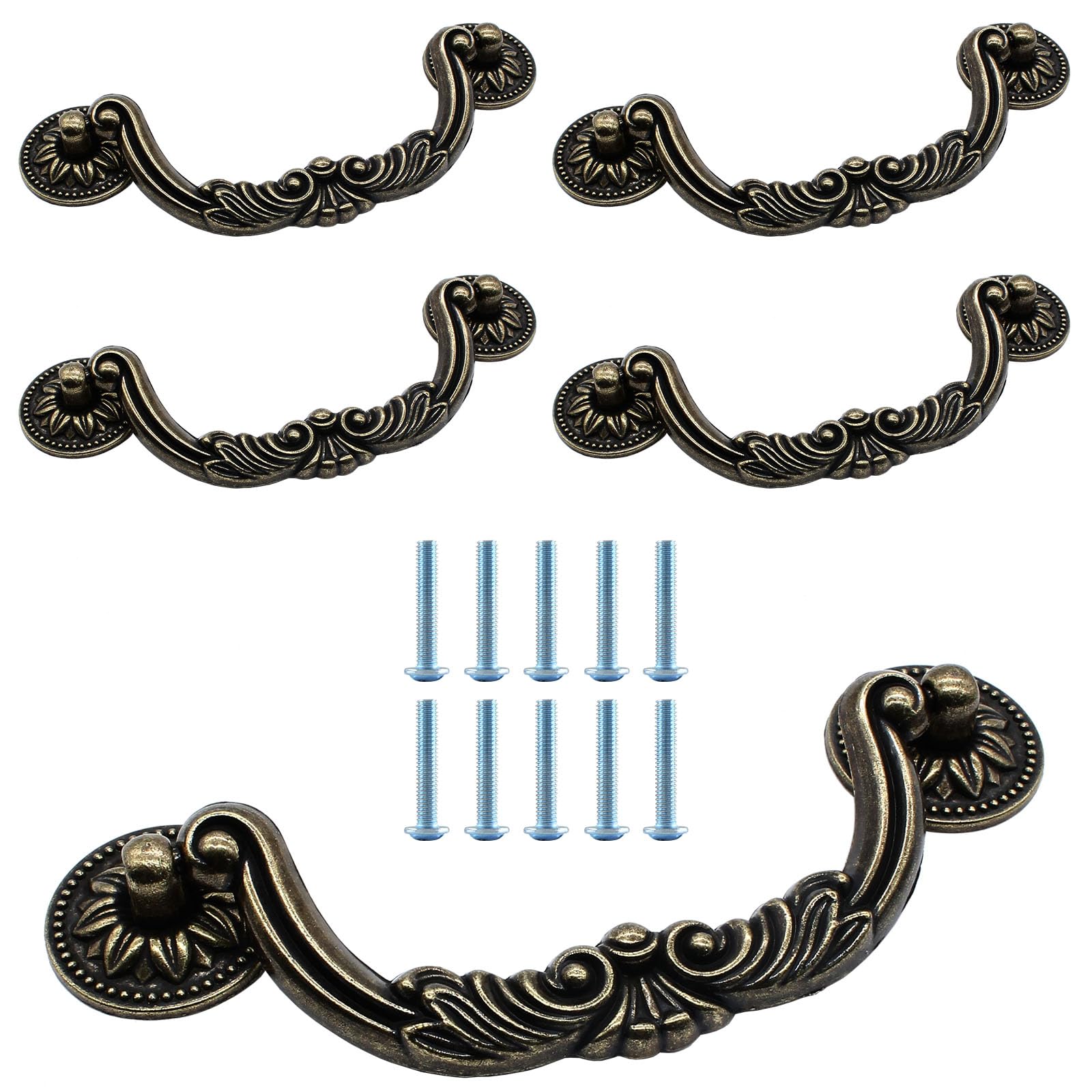 Jersvimc 5 Piece Drop Drawer Handles 5 Inch(128mm) Hole Centers - 6.2 Inch Total Length, Bail Cabinet Pulls Bronze Dresser Handles for Furniture