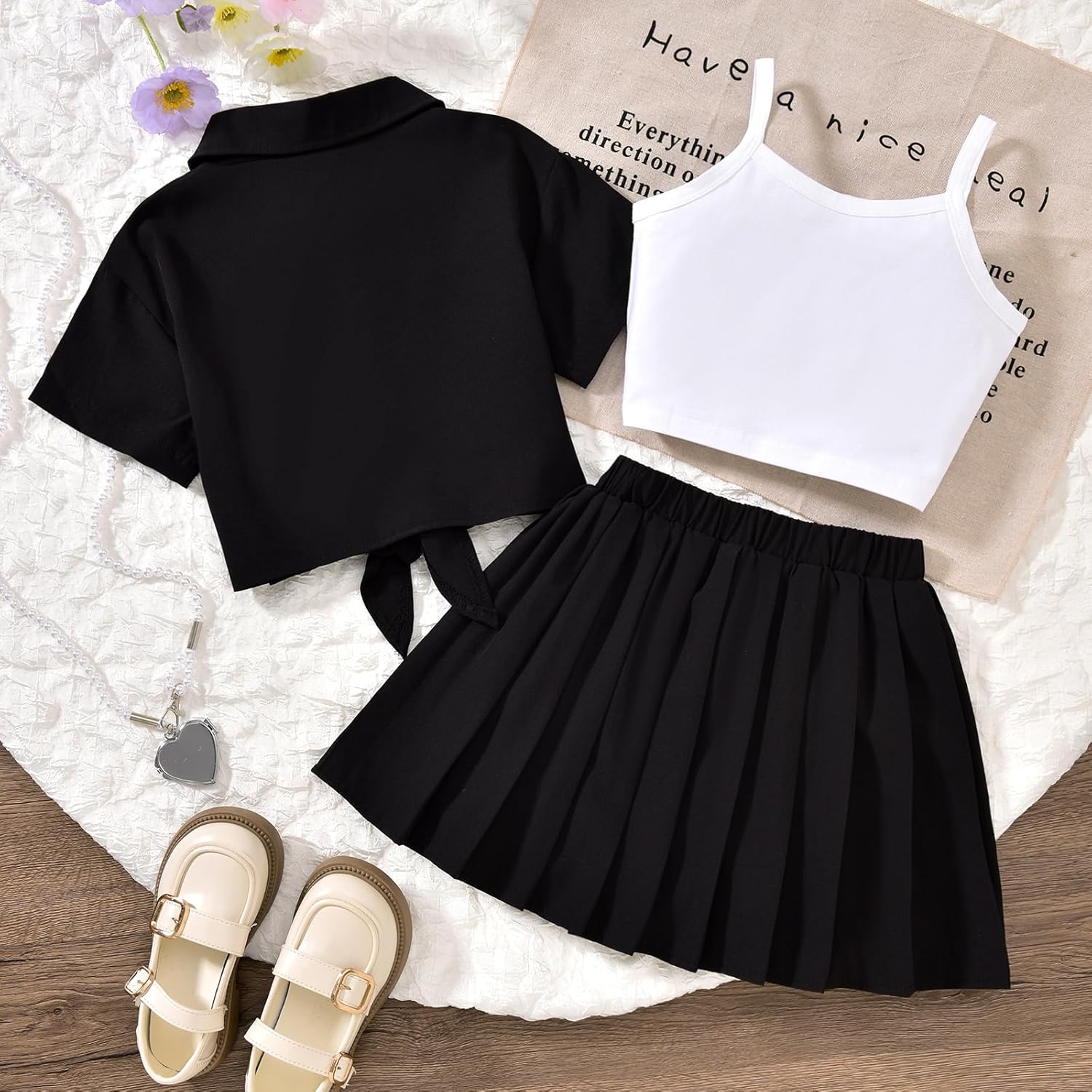 HIHA Girls 3 Piece Outfit Cami Crop Tops Skirt Set with Button Down Shirts Size 6-12 - Image 7