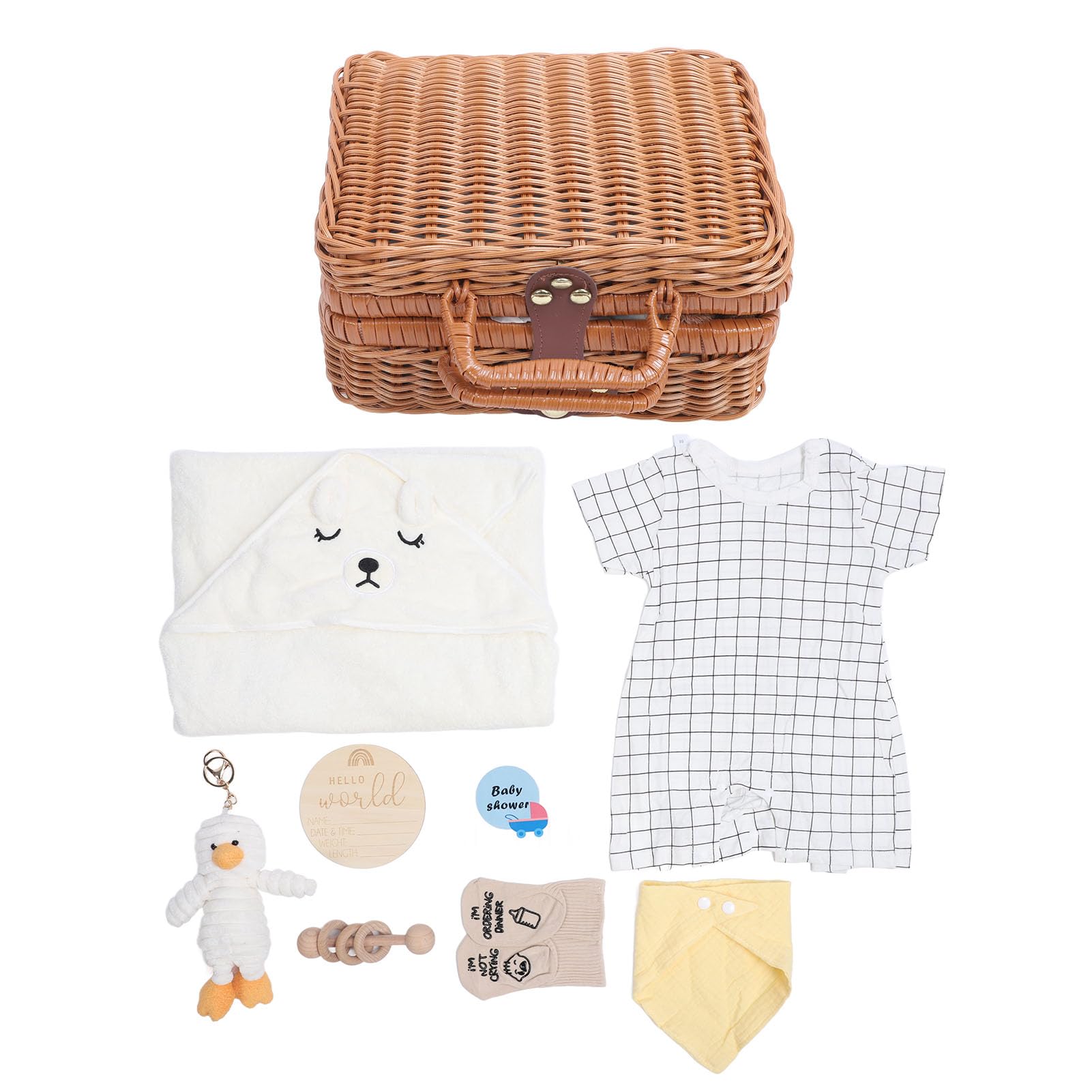 Cesta de Regalo para bebé, Juego de Regalos para Baby Shower Recién Nacido con Ropa de bebé Neutra, Manta, Baberos, Calcetines, Muñeca, Sonajero de Madera, Tarjeta de Felicitación para Niños