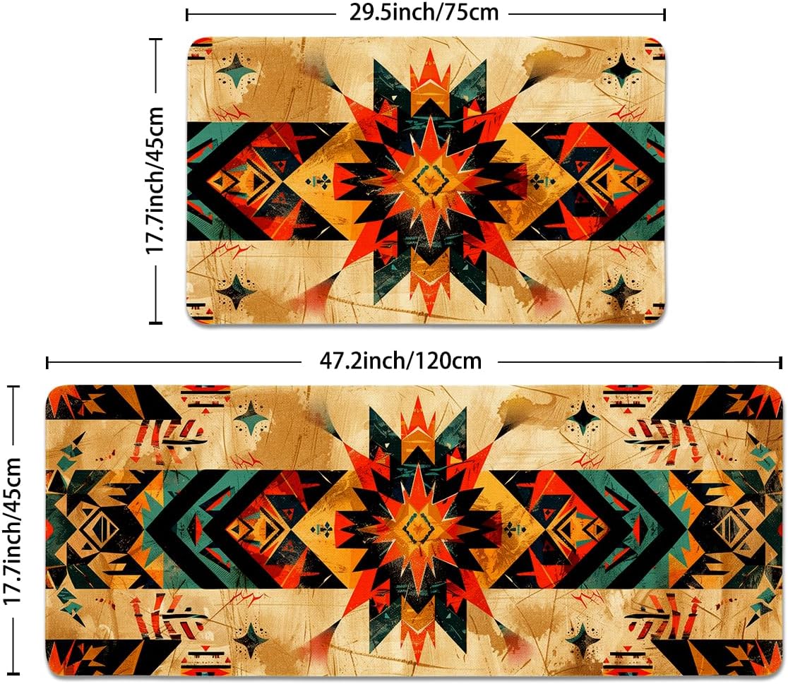 Southwestern Aztec Kitchen Rugs Set of 2- Cotton Linen Blend Floor Mats(17.7''x29.5''+17.7''x47'') - Washable Non-Slip Kitchen Mats for Home Office Bedroom Bathroom Laundry (Western3)