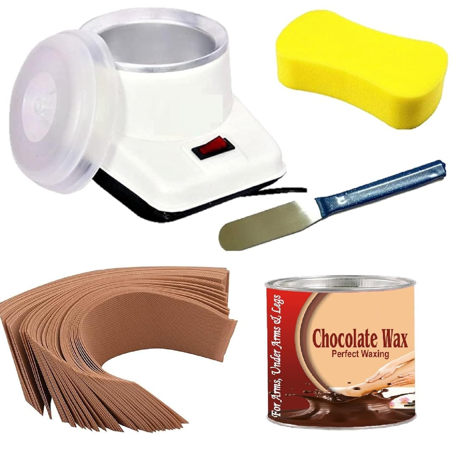 CVM Wax Heater Machine, Chocolate Wax, Wax Strips, Wax Applicator Knife & Cleansing Sponge Home Waxing Kit for Smooth Hair Removal on Arms, Legs, Underarms & Body