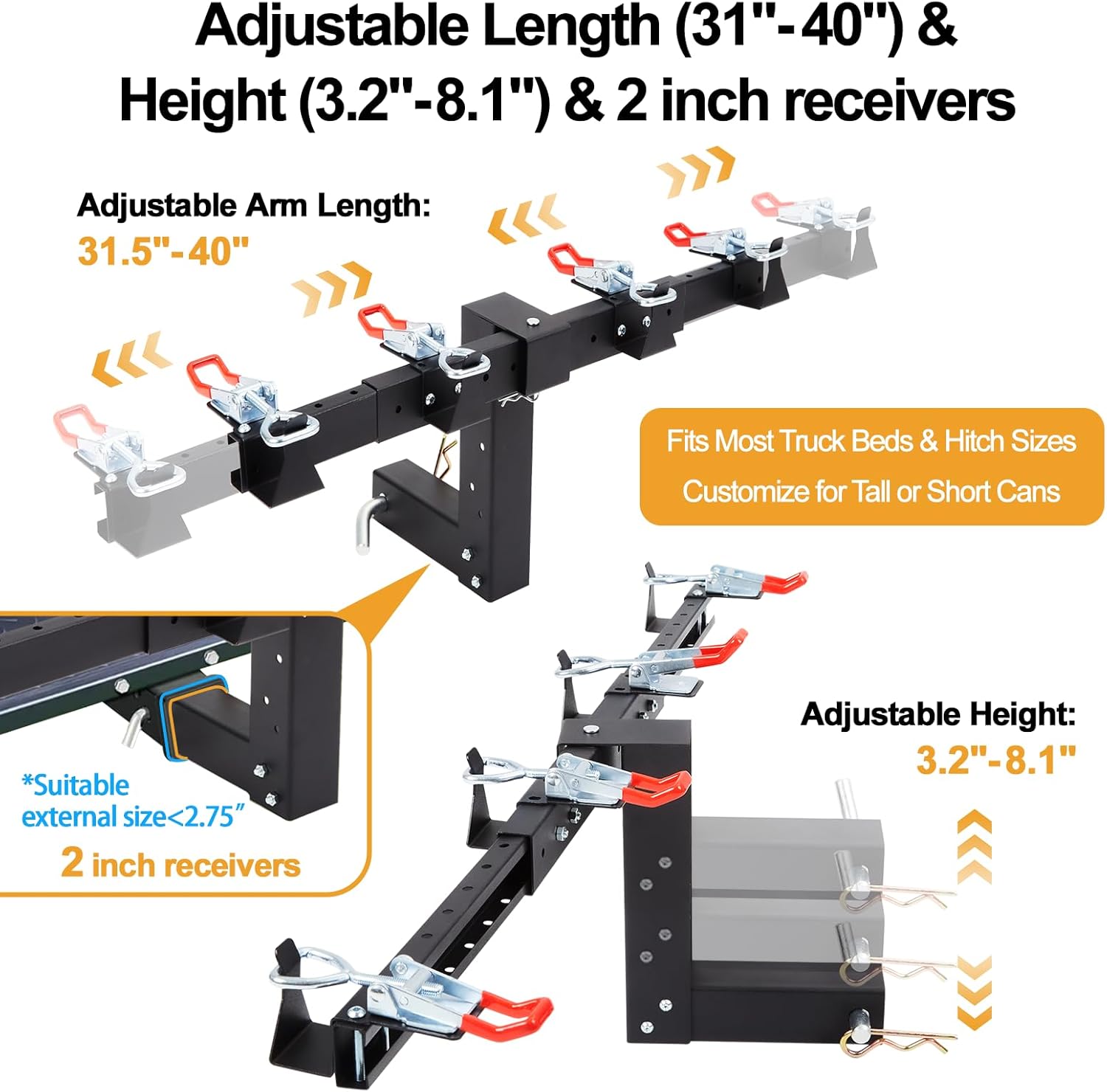 Dual Trash Can Hauler Hitch, Adjustable Trailer Hitch for Towing 2 Trash Cans, Anti-Loose Locking Fits ATVs, UTVs, Trucks, Trailers, with 2 Inch Hitch Receiver