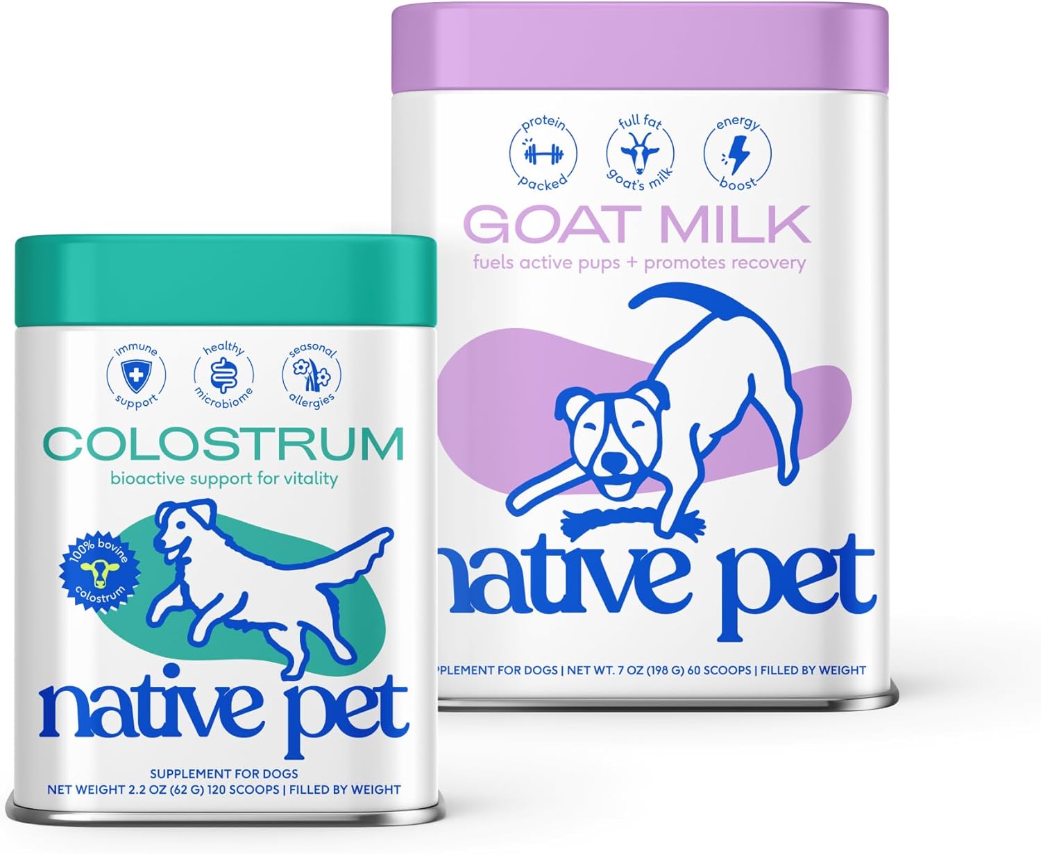 Native Pet Goat Milk Powder for Dogs (60 Scoops) & Colostrum for Dogs (120 Scoops) - Organic Goat Milk Great Dog Food Additive for a Healthy Digestive System & Bovine Colostrum Powder