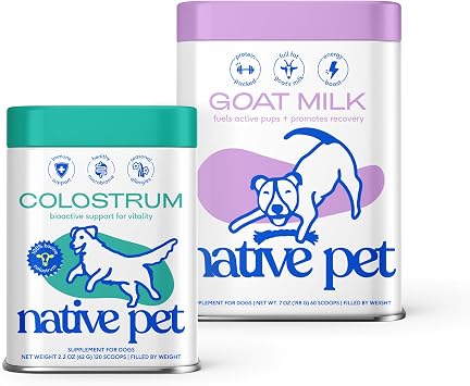 Native Pet Goat Milk Powder for Dogs 60 Scoops & Colostrum for Dogs 120 Scoops - Organic Goat Milk Great Dog Food Additive for a Healthy Digestive System & Bovine Colostrum Powder