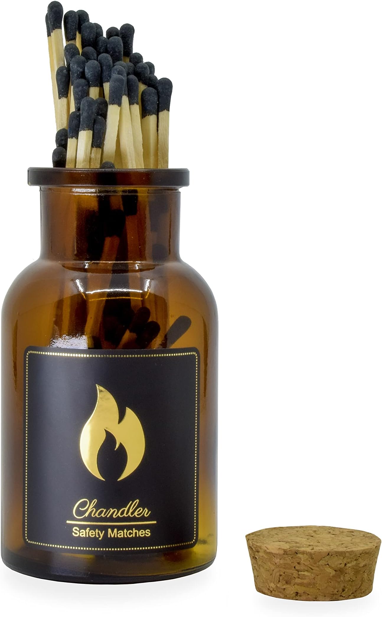 Chandler Safety Matches - Glass Jar Strike On Bottle Matches | Vintage | Home Decor | Candle Accessory | Artisan Long Matches (Amber)