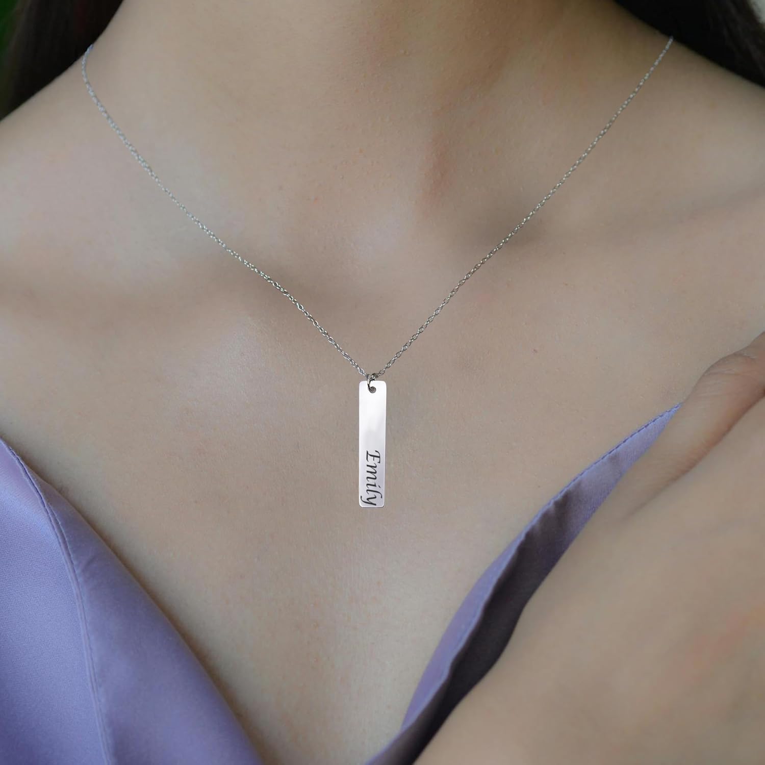 Personalized Flower Name Necklace Custom Engraved Bar Pendant Stainless Steel Floral Nameplate Jewelry Adjustable Cable Chain Gift for Her Women Mother Daughter Keepsake