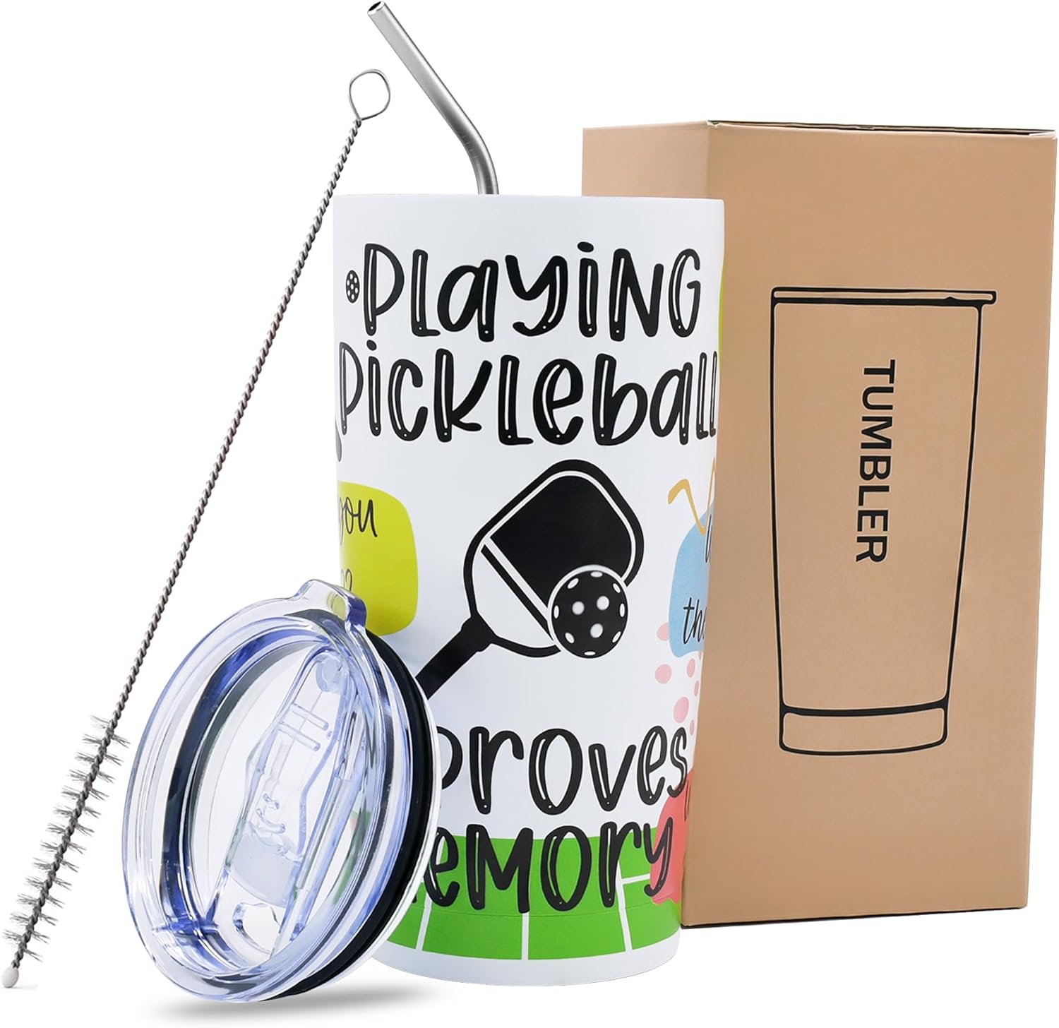 Pickleball Tumbler 20 oz, Funny Pickleball Gifts for Women Men, Playing Improves Memory Travel Mug Vacuum Insulated Stainless Steel Coffee Cup