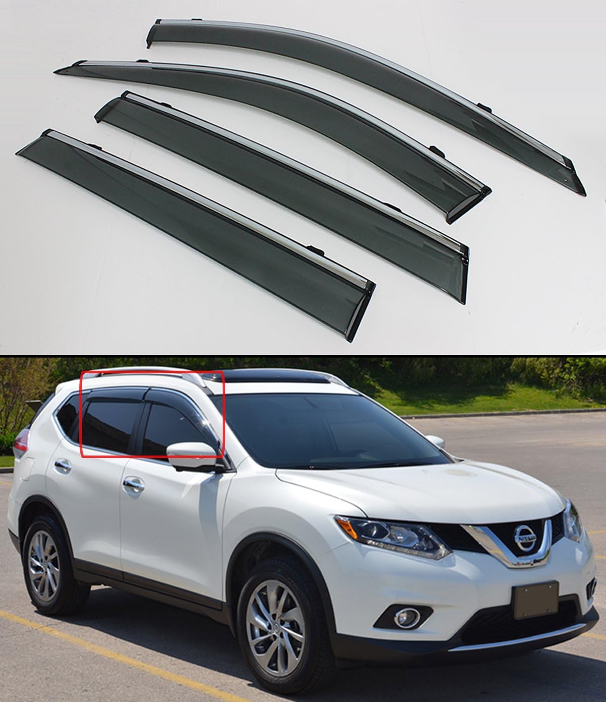 Clip-on Type Smoke Window Visor Rain Guard W/Chrome Trim Compatible with 2014-2020 Nissan Rogue S SV (Not Fits Rogue Sport)
