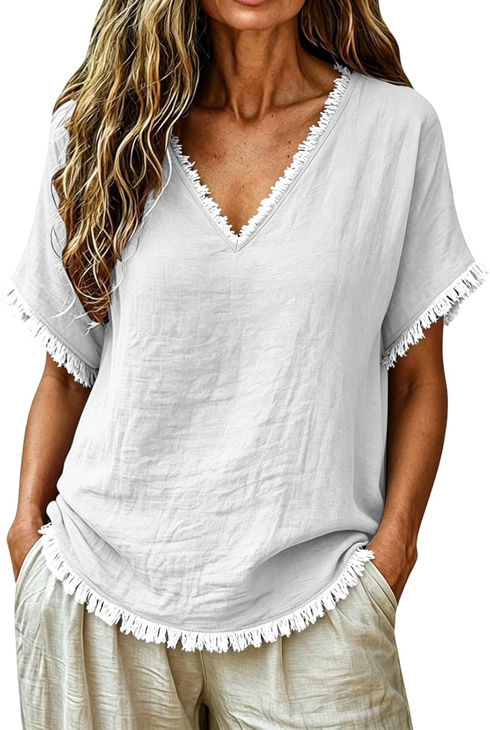 Cotton Linen Shirt for Women Short Sleeve V Neck Frayed Fringe Top Casual Loose Blouse Summer Tops for Vacation