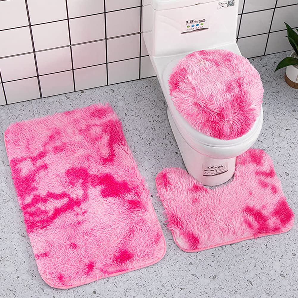 Reyox 3 Pieces Shaggy Bath Mat Set, Soft Absorbent Plush Microfiber Bathroom Rugs, Non Slip Bath Rugs Tie Dye Fuchsia 3 PCS