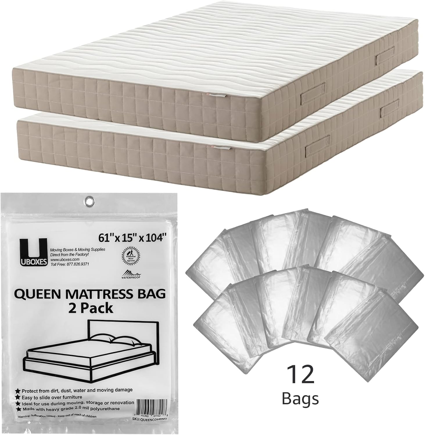 Uboxes Queen Mattress Clear Plastic Poly Covers, 61 x 15 x 104 inch, Heavy Duty 2 mil, 12 Pack, White