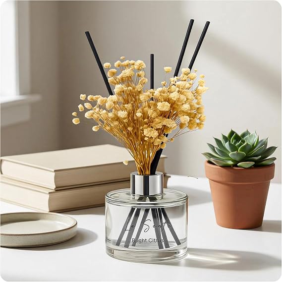 Reed Diffuser Set, Glass Bottle with Black Rattan Sticks, Dried White Flowers, 6.7fl oz (Bright Citrus)