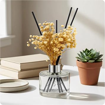 Reed Diffuser Set, Glass Bottle with Black Rattan Sticks, Dried White Flowers, 6.7fl oz (Bright Citrus)