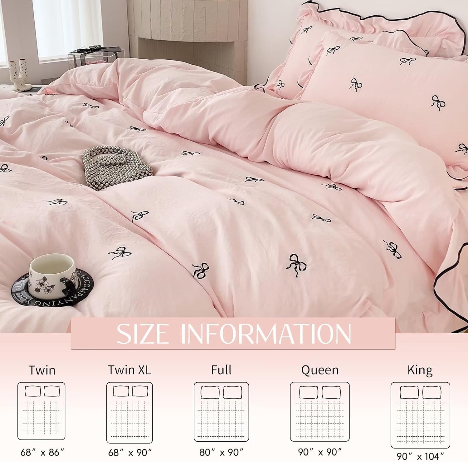 Pink Twin Size Duvet Cover Set with Bow,1 Duvet Cover with 2 Pillowcases,Cute Ruffled Comforter Cover with Corner Ties,3 Pcs Embroidery Aesthetic Coquette Bedding Set 68"×86" thumbnail